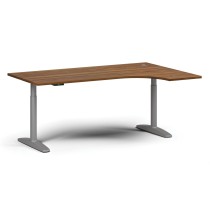 Výškovo nastaviteľný stôl OBOL, elektrický, 675-1325 mm, rohový pravý, doska 1800x1200 mm, sivá zaoblená podnož, orech
