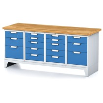 Werkbank MECHANIC, 2000x700x880 mm, 2x 5 Schubladencontainer, 2x 3 Schubladencontainer, grau/blau