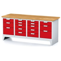 Werkbank MECHANIC, 2000x700x880 mm, 2x 5 Schubladencontainer, 2x 3 Schubladencontainer, grau/rot