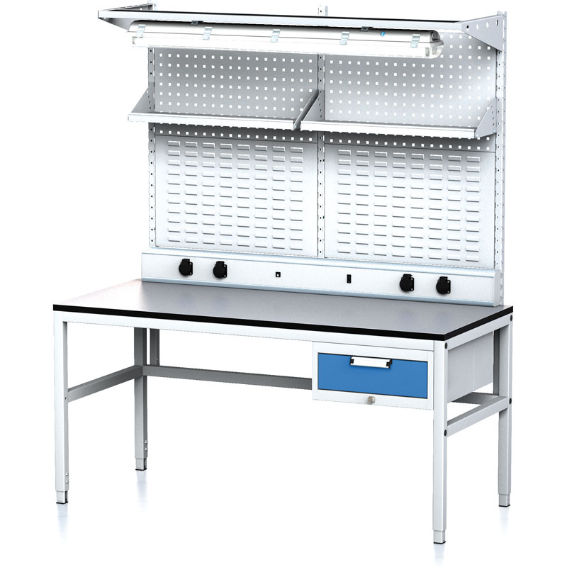Werkbank MECHANIC II mit perforierter Platte, Regalböden, Schubladen, Beleuchtung 1600x700x745-985 mm, 1-Schubladencontainer, Grau/Blau