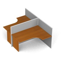 Biurko ergonomiczne PRIMO, 2 miejsca, parawan z tekstylną powłoką w kształcie T, czereśnia
