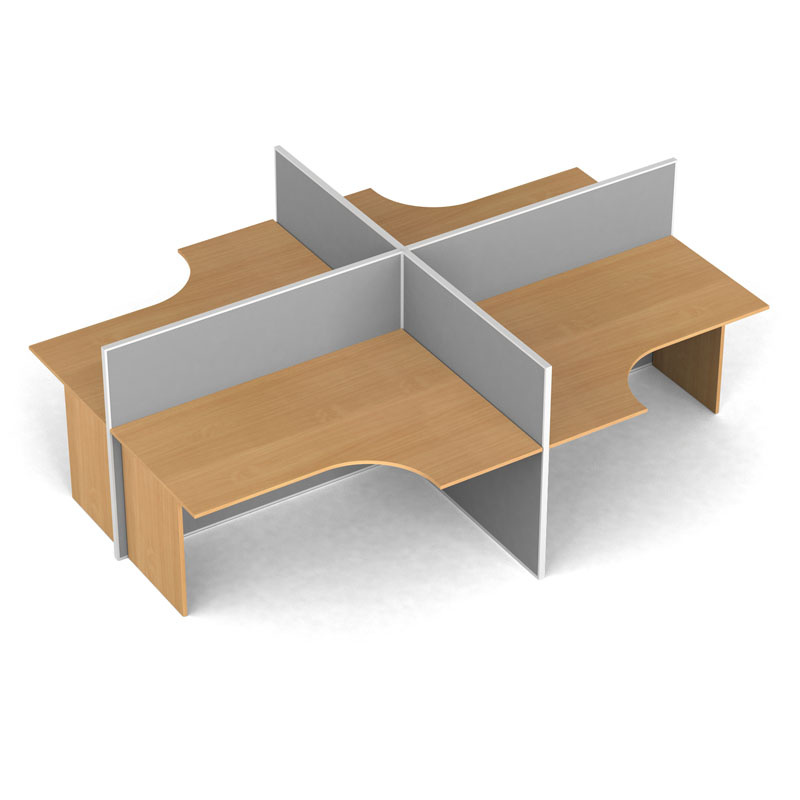 Zostava kancelárskych paravánov s ergonomickým stolom, otvorená, textilná, 4 miesta, breza
