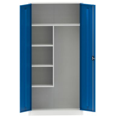 Mehrzweck-Metallschrank, 4 Regalböden, 1950 x 950 x 400 mm, montiert, blaue Tür