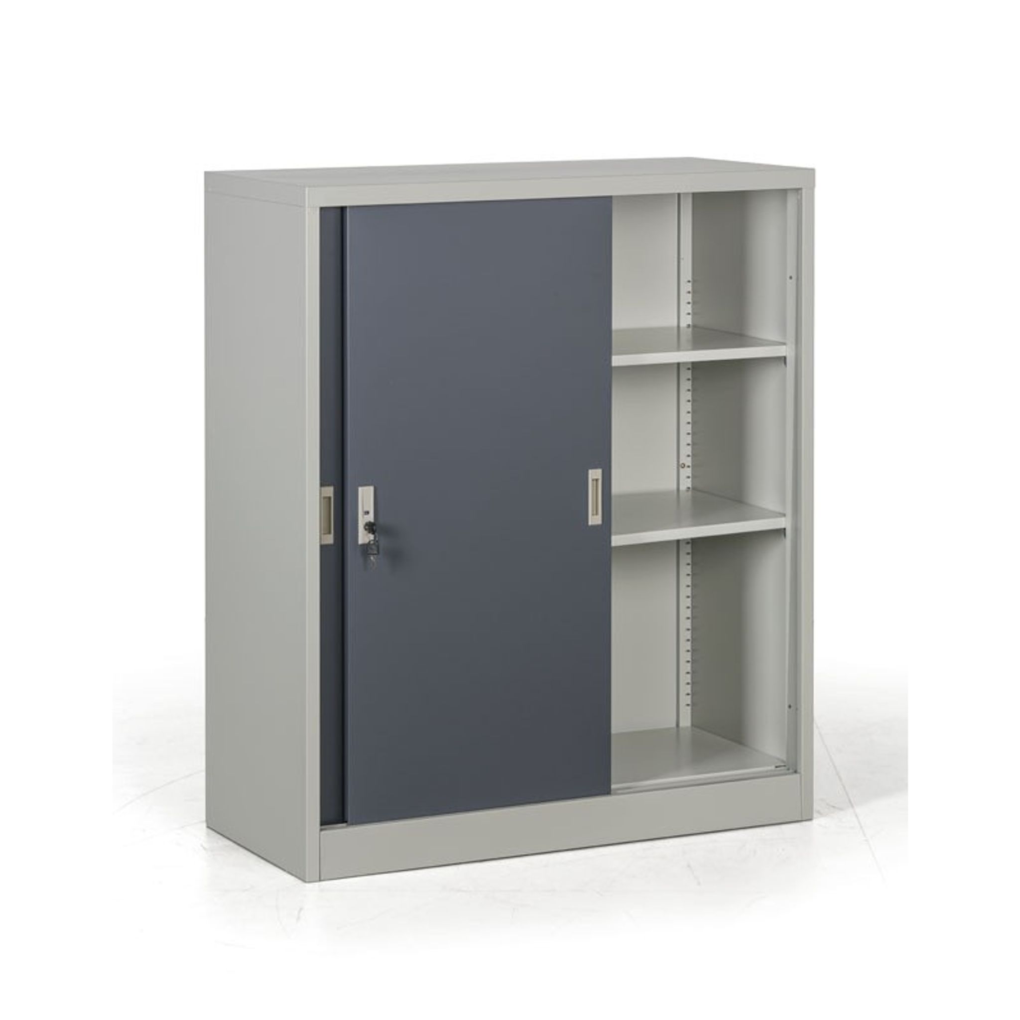 Metallschrank mit Schiebtür, 2 Regalböden, 1000 x 1200 x 450 mm, dunkelgrau