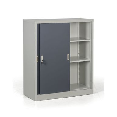 Metallschrank mit Schiebtür, 2 Regalböden, 1000 x 1200 x 450 mm, dunkelgrau
