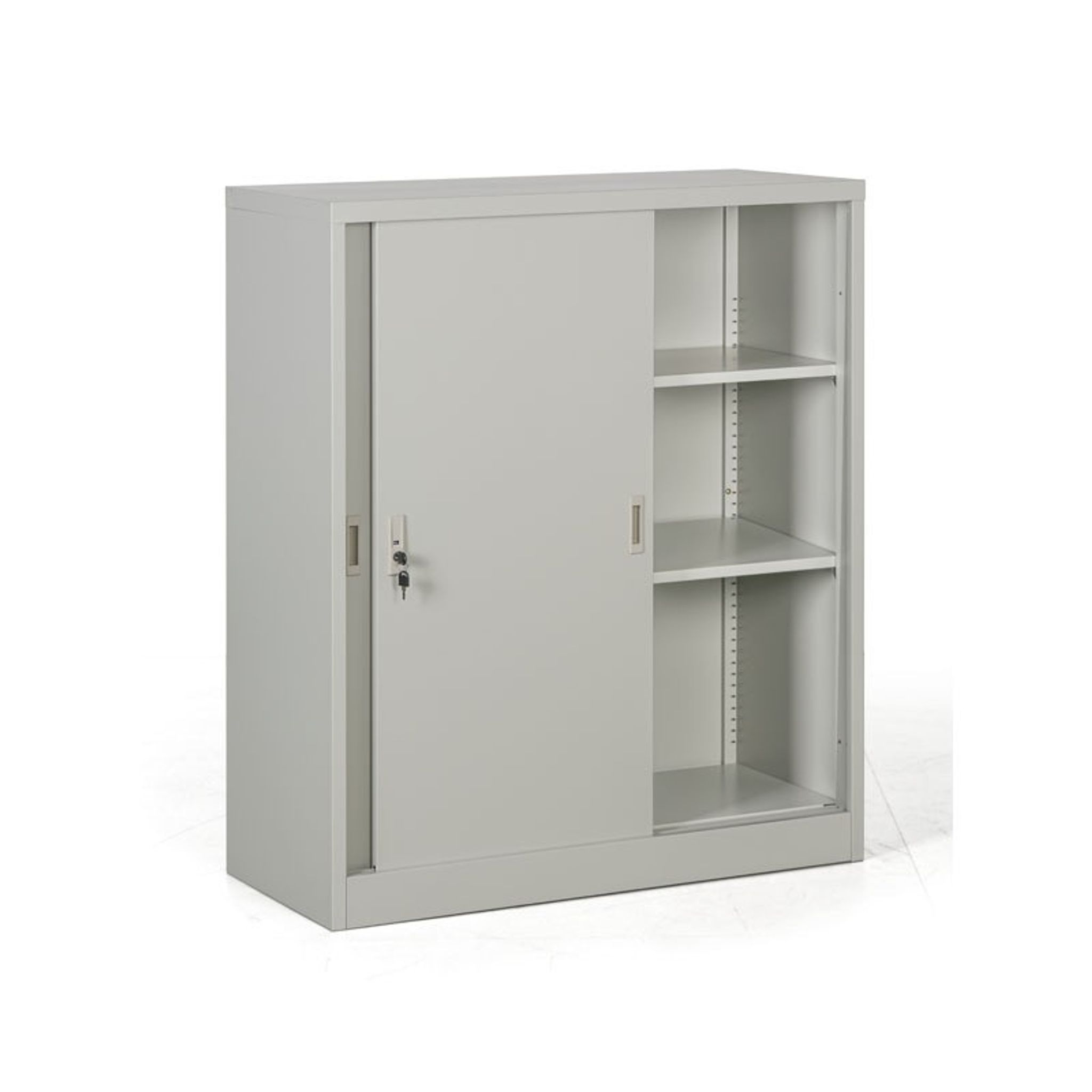 Metallschrank mit Schiebtür, 2 Regalböden, 1000 x 1200 x 450 mm, hellgrau