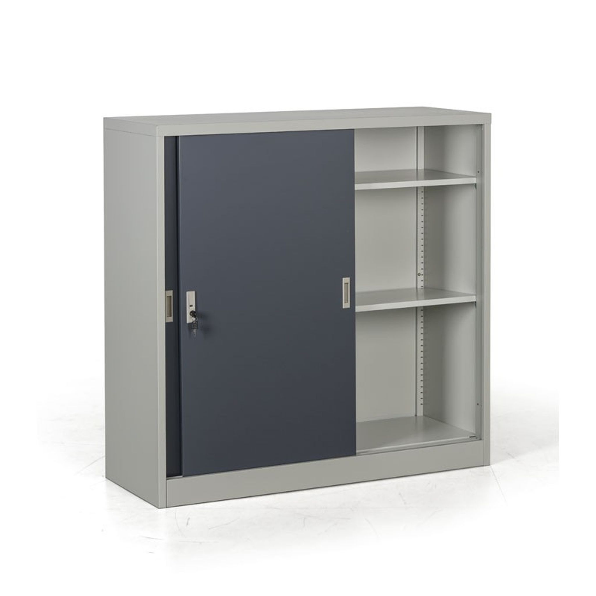 Metallschrank mit Schiebtür, 2 Regalböden, 1200 x 1200 x 450 mm, dunkelgrau