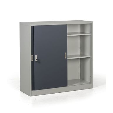 Metallschrank mit Schiebtür, 2 Regalböden, 1200 x 1200 x 450 mm, dunkelgrau