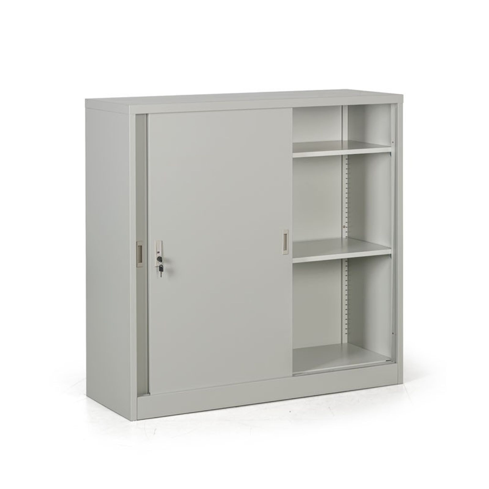 Metallschrank mit Schiebtür, 2 Regalböden, 1200 x 1200 x 450 mm, hellgrau