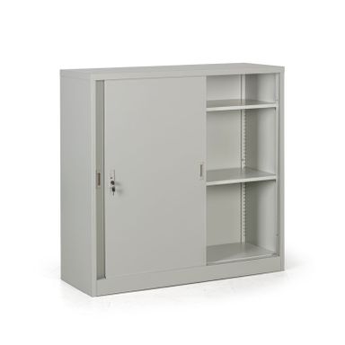 Metallschrank mit Schiebtür, 2 Regalböden, 1200 x 1200 x 450 mm, hellgrau