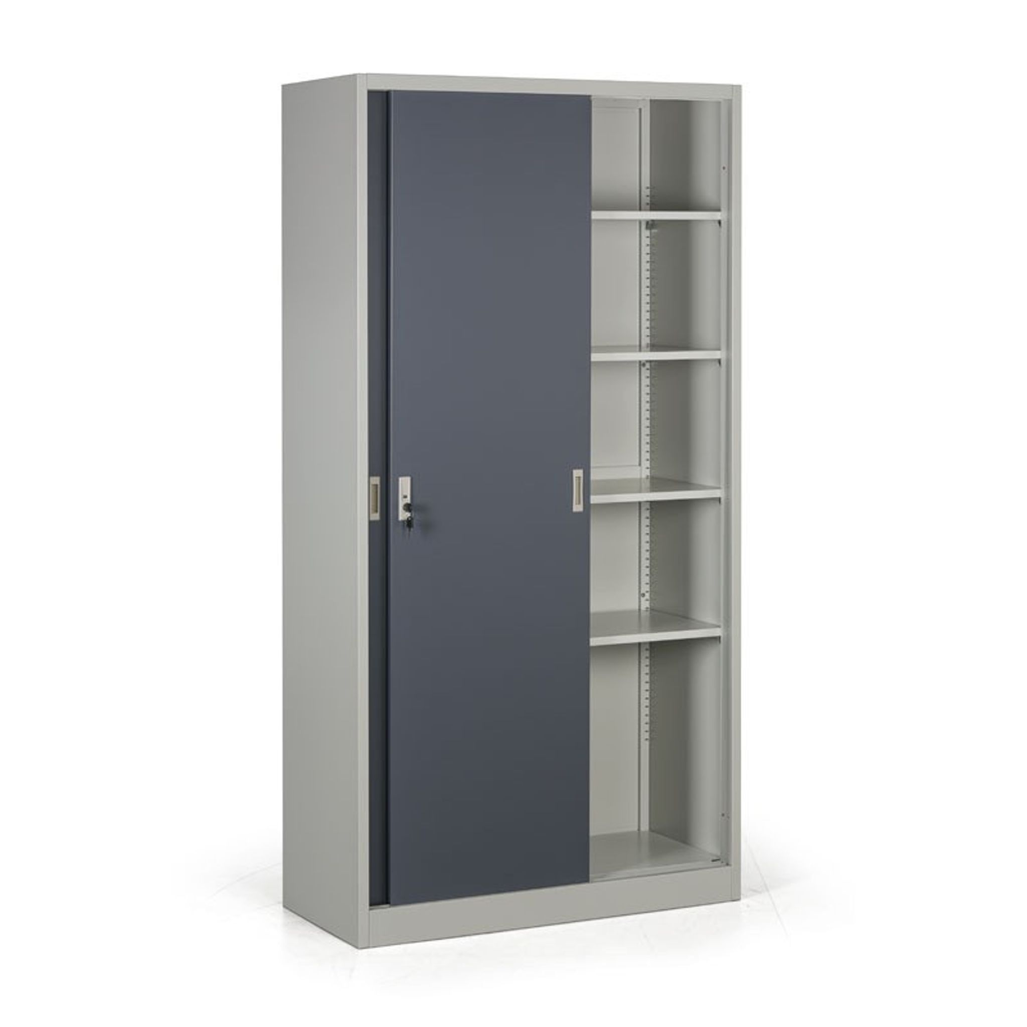 Metallschrank mit Schiebtür, 4 Regalböden, 1000 x 1990 x 450 mm, dunkelgrau
