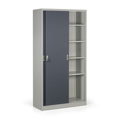Metallschrank mit Schiebtür, 4 Regalböden, 1000 x 1990 x 450 mm, dunkelgrau