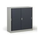 Metallschrank mit Schiebtür, zerlegt, 2 Regalböden, 1200 x 1200 x 450 mm, dunkelgrau