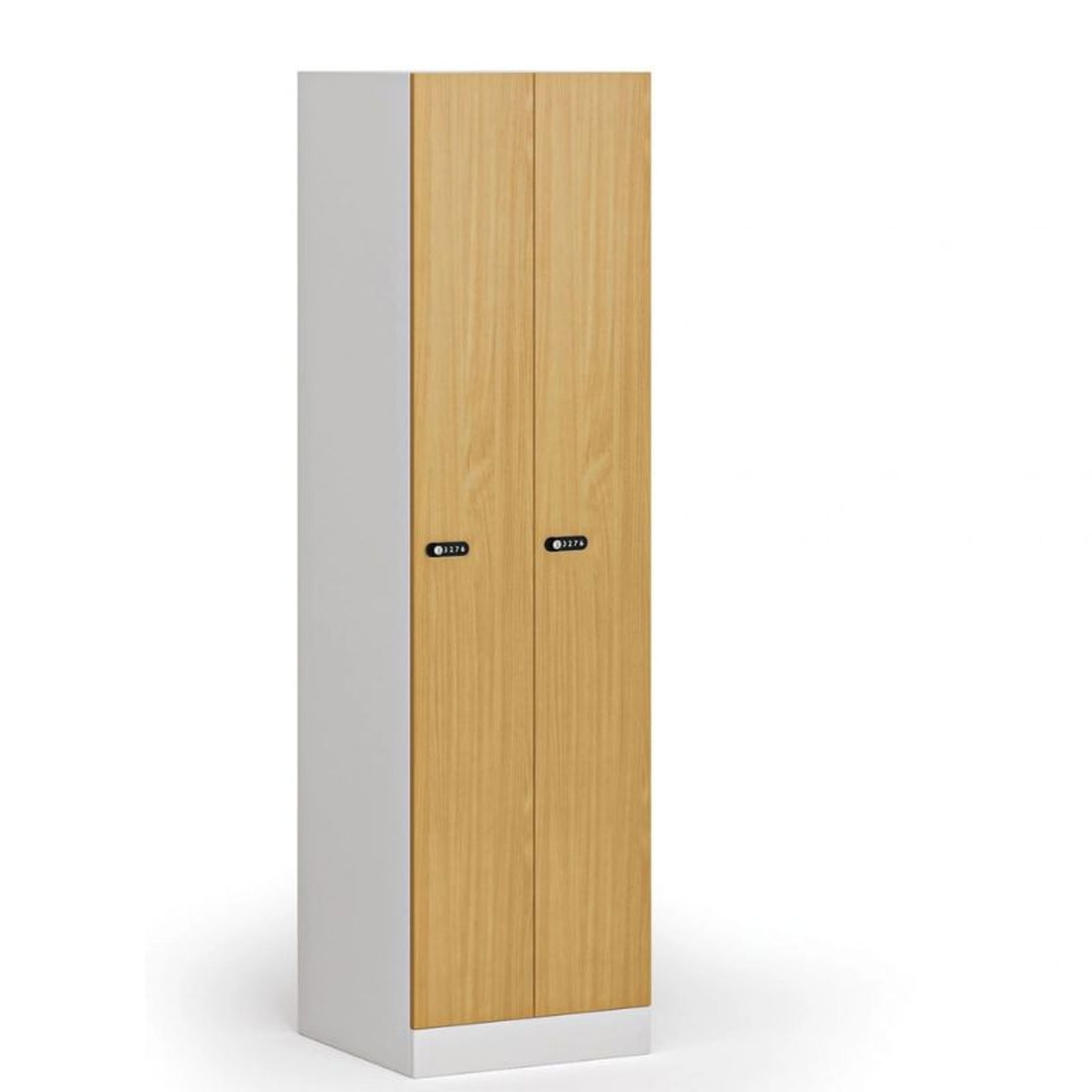 Metallspind S1, schmal, 2 Abteile, 1850 x 500 x 500 mm, mechanisches Codeschloss, laminierte Tür, Buche Metallspind S1, schmal, 2 Abteile, 1850 x 500 x 500 mm, mechanisches Codeschloss, laminierte Tür, Buche