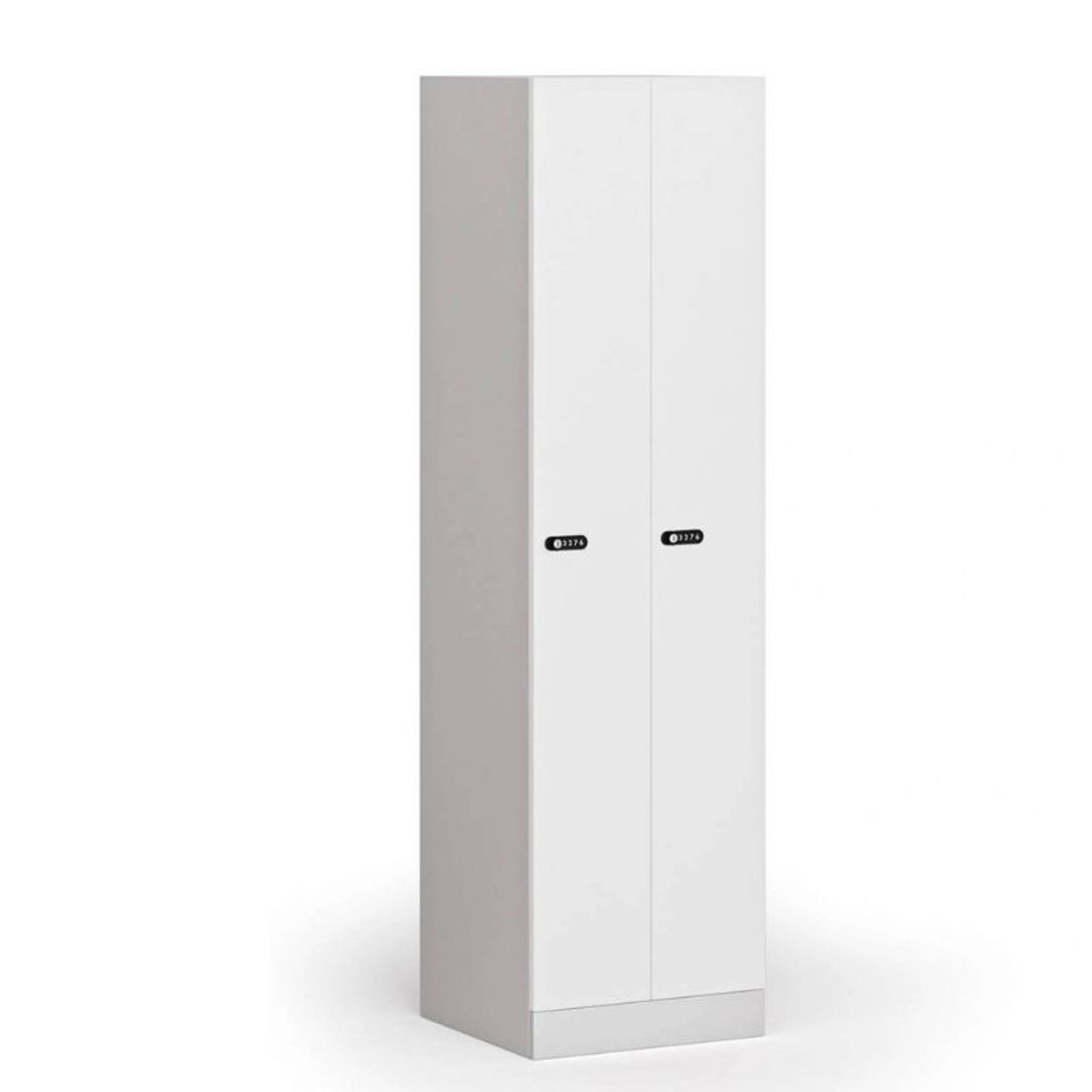 Metallspind S1, schmal, 2 Abteile, 1850 x 500 x 500 mm, zerlegt, mechanisches Codeschloss, laminierte Tür, weiß Metallspind S1, schmal, 2 Abteile, 1850 x 500 x 500 mm, zerlegt, mechanisches Codeschloss, laminierte Tür, weiß