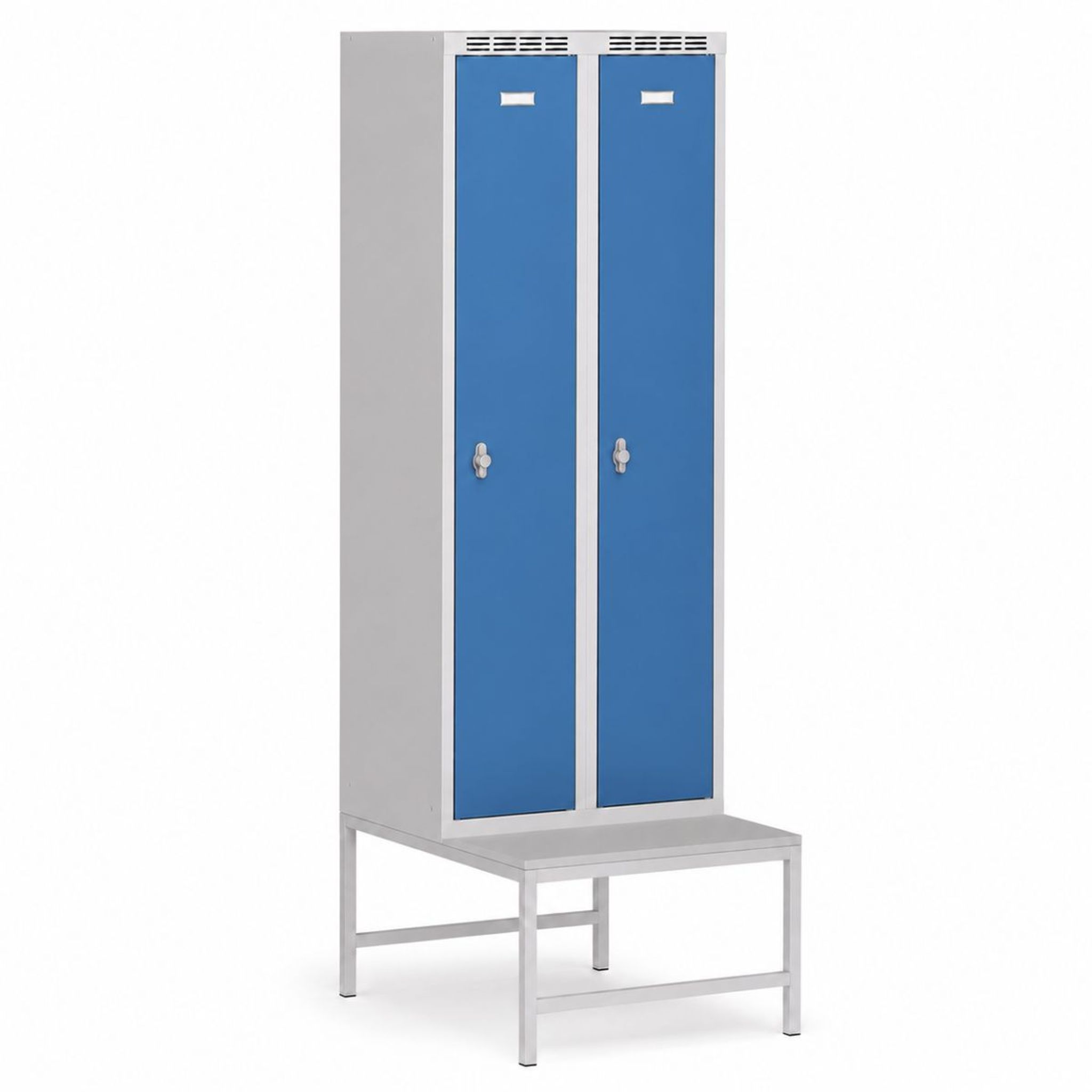 Metallspind S7 mit Sitzbank, 2 Abteile, 1875 x 600 x 500/800 mm, Drehriegelschloss, blaue Türen