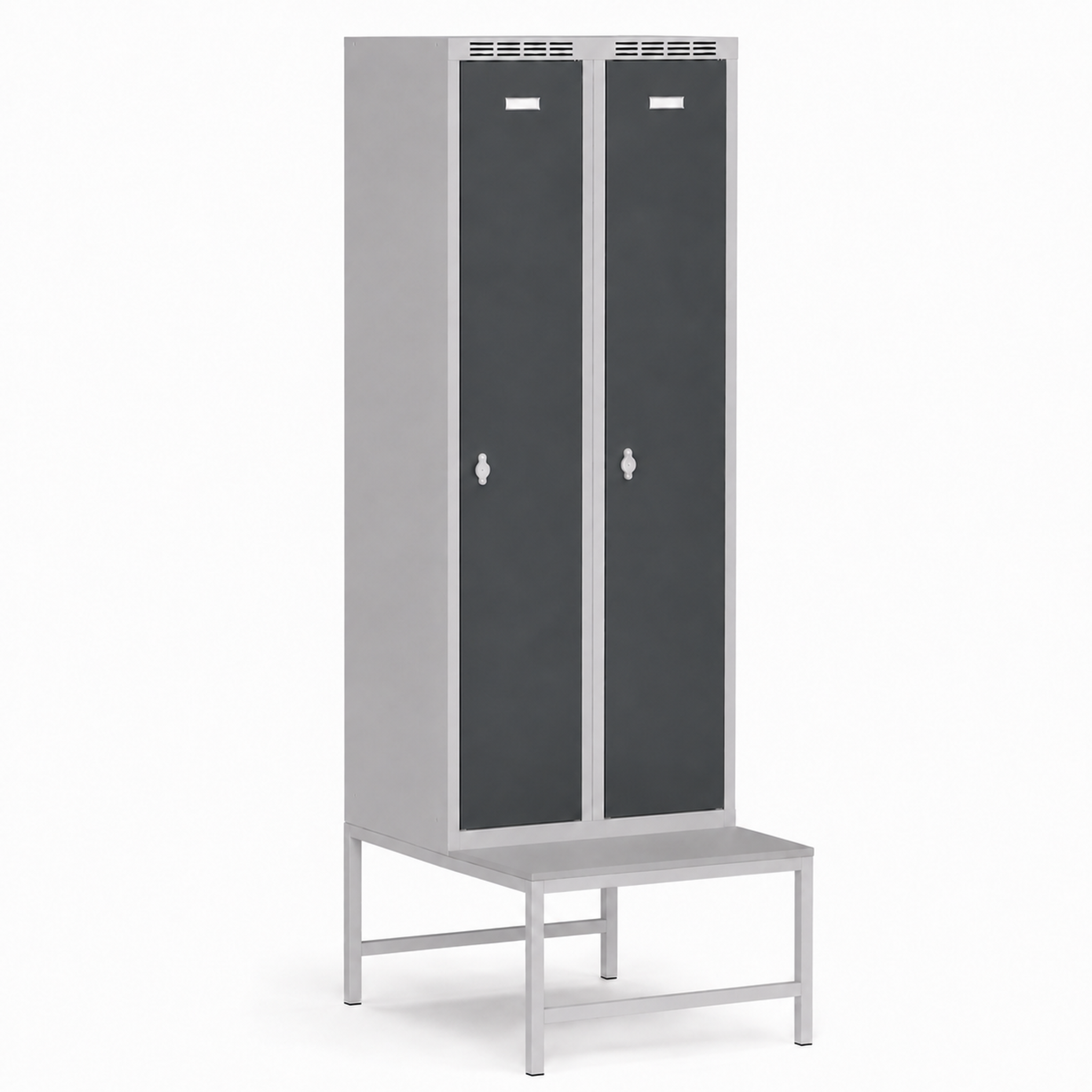 Metallspind S7 mit Sitzbank, 2 Abteile, 1875 x 600 x 500/800 mm, Drehriegelschloss, graphitfarbene Türen