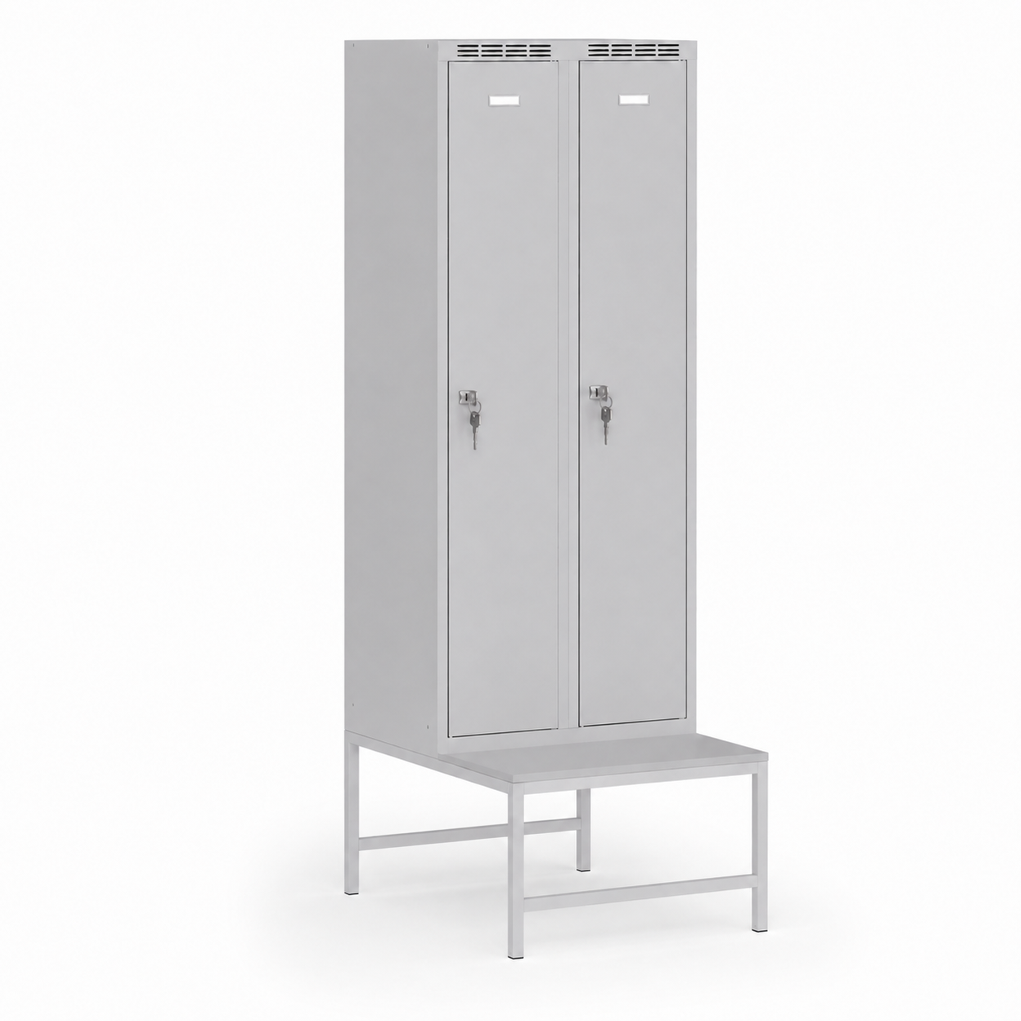 Metallspind S7 mit Sitzbank, 2 Abteile, 1875 x 600 x 500/800 mm, zerlegt, Zylinderschloss, graue Türen