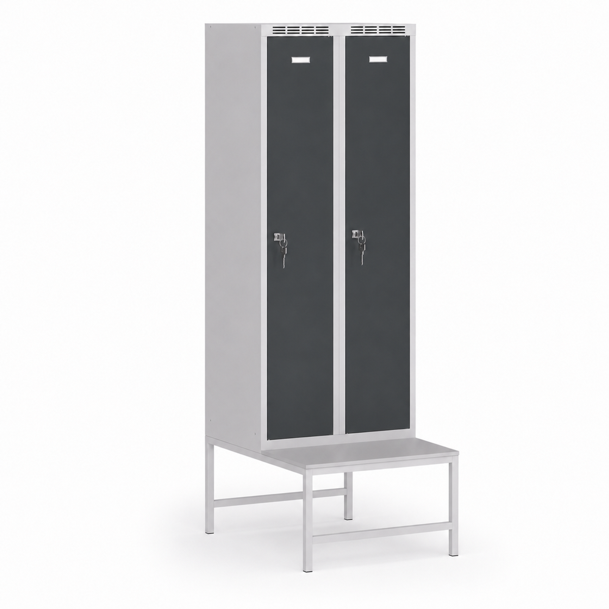 Metallspind S7 mit Sitzbank, 2 Abteile, 1875 x 600 x 500/800 mm, Zylinderschloss, graphitfarbene Türen