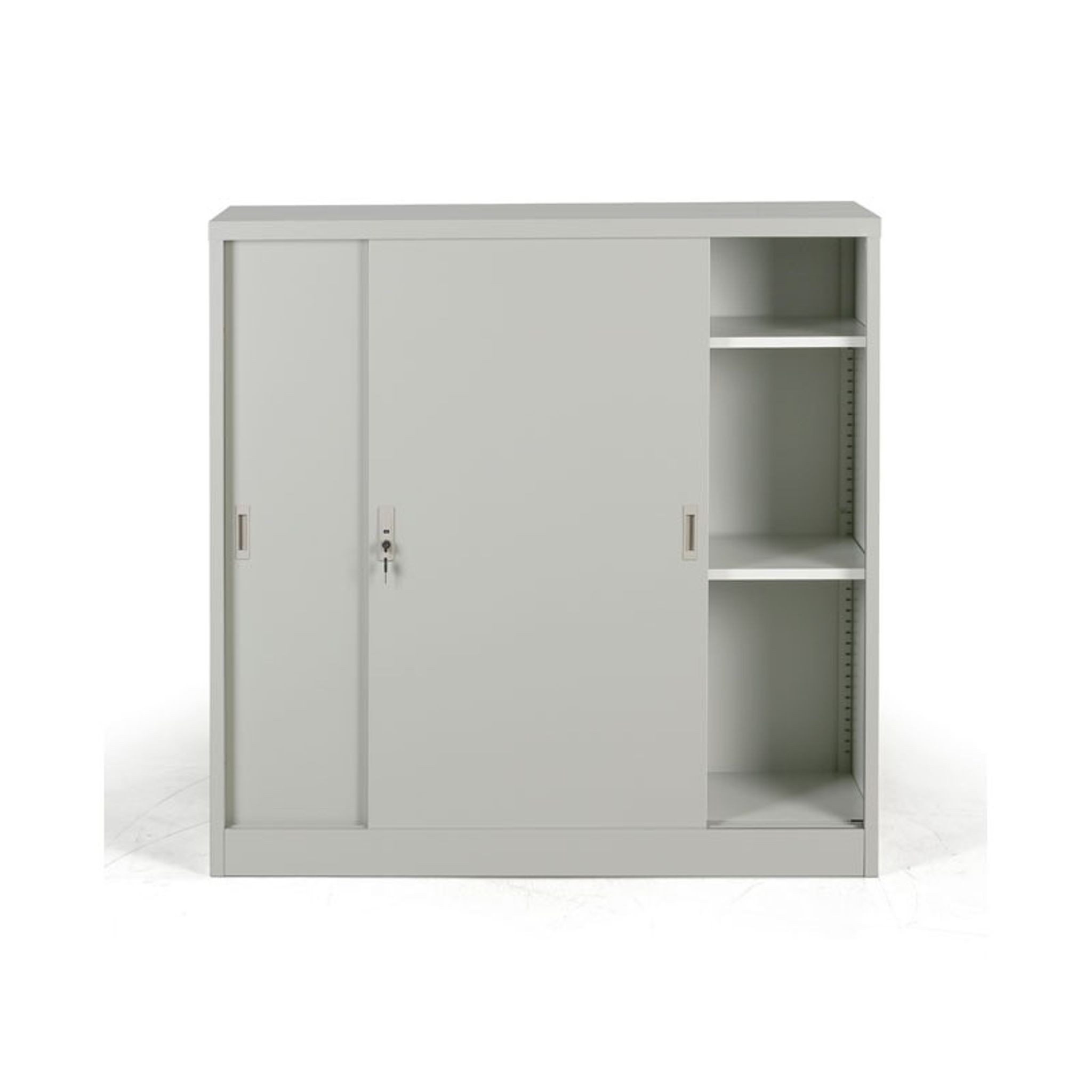 Metalowa szafa z przesuwnymi drzwiami, 2 półki, 1200 x 1200 x 450 mm, jasnoszary