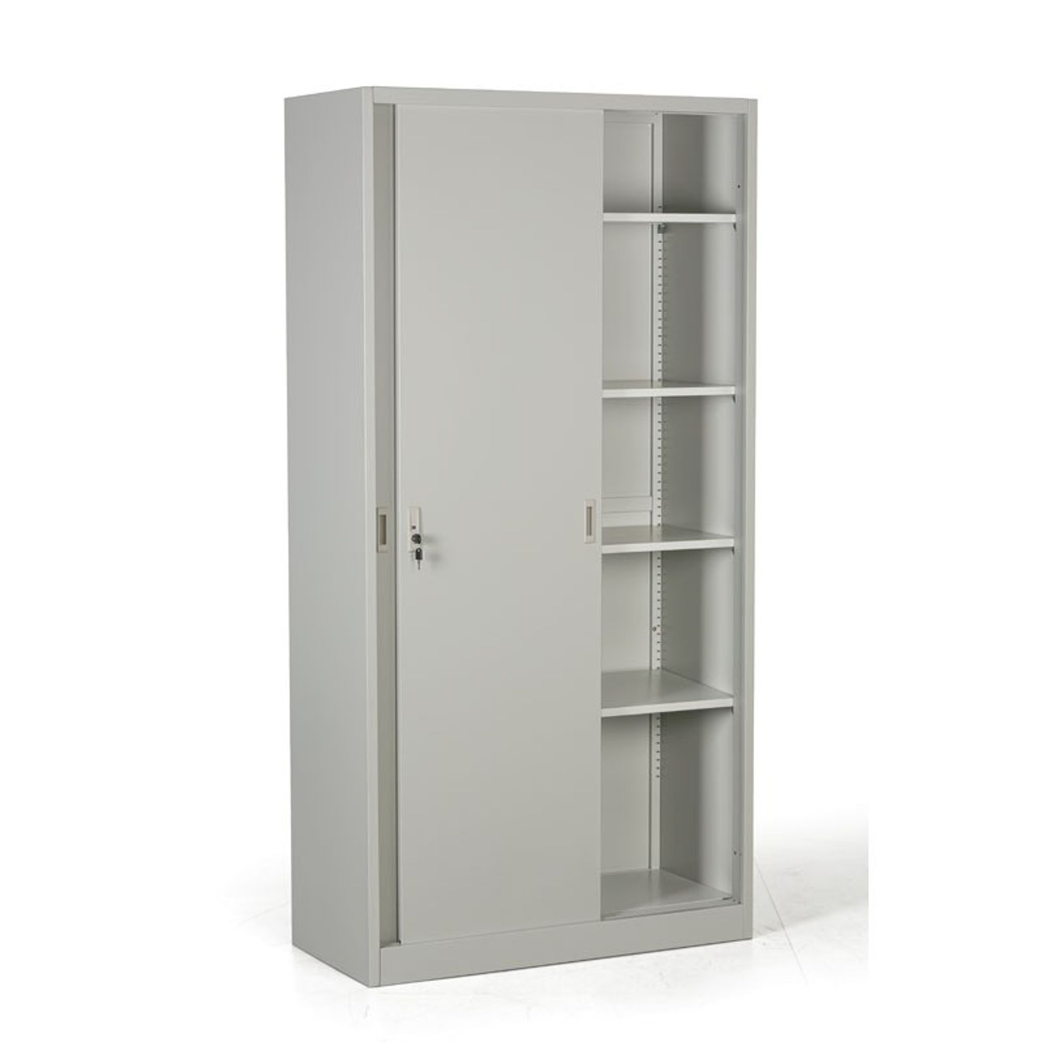 Metalowa szafa z przesuwnymi drzwiami, 4 półki, 1000 x 1990 x 450 mm, jasnoszary