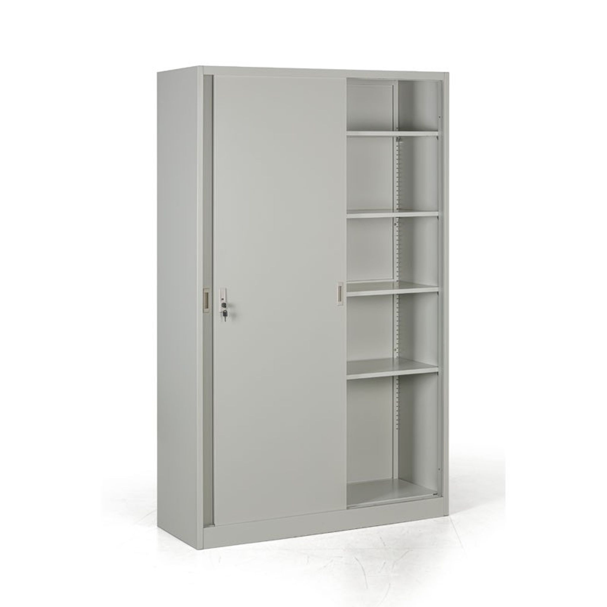 Metalowa szafa z przesuwnymi drzwiami, 4 półki, 1200 x 1990 x 450 mm, jasnoszary