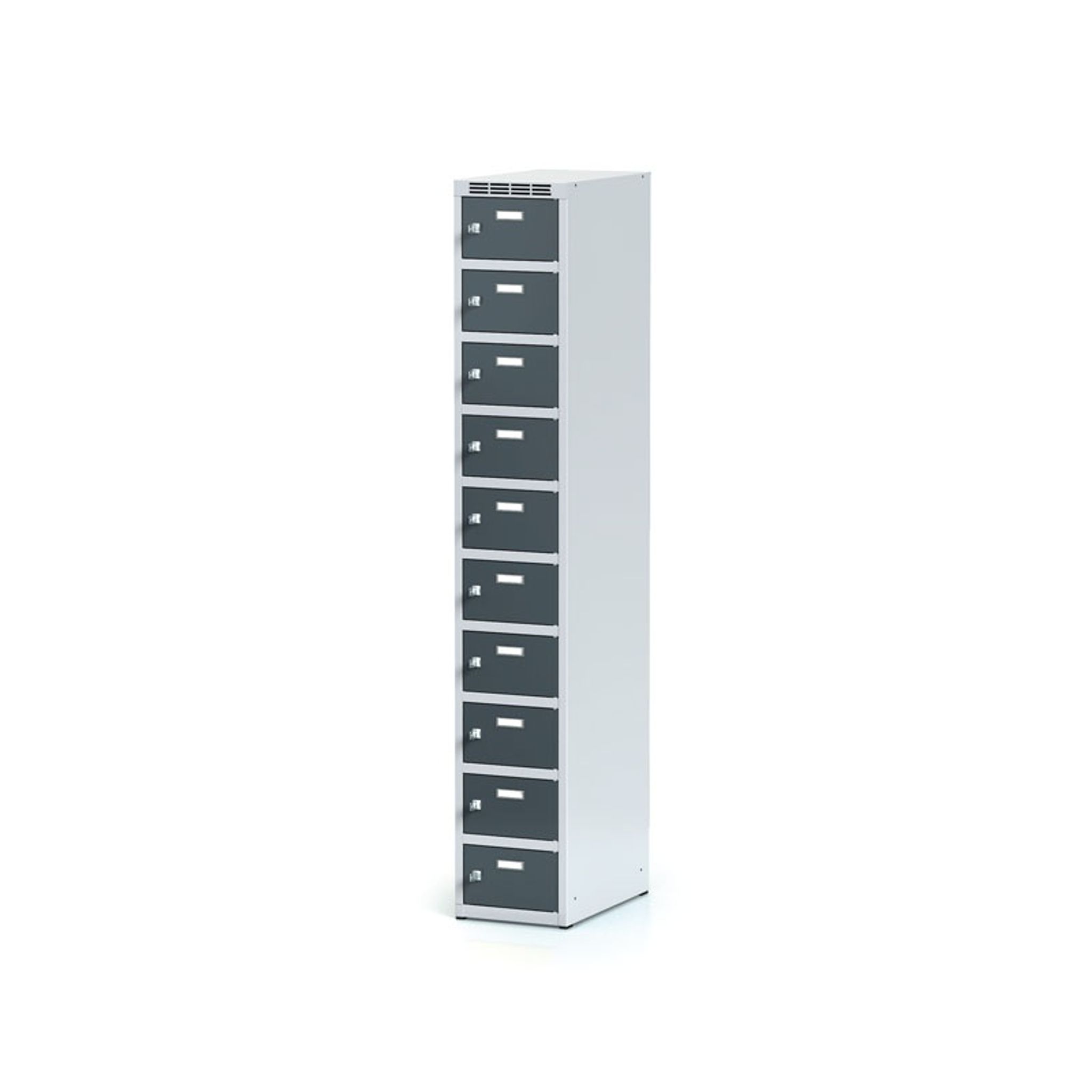 Metalowa szafka skrytkowa, 10 schowków, 1800 x 300 x 500 mm, zamek cylindryczny, drzwi ciemnoszare