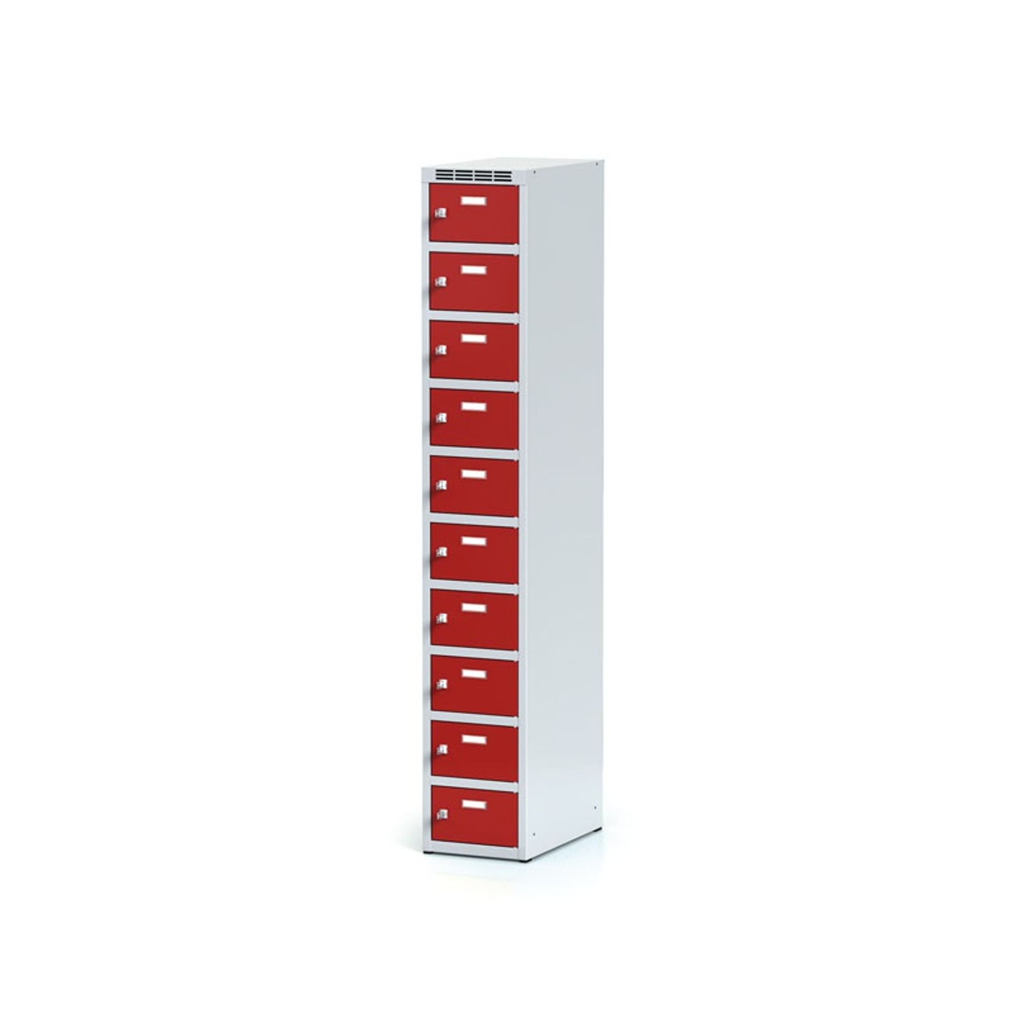 Metalowa szafka skrytkowa, 10 schowków, 1800 x 300 x 500 mm, zamek cylindryczny, drzwi czerwone