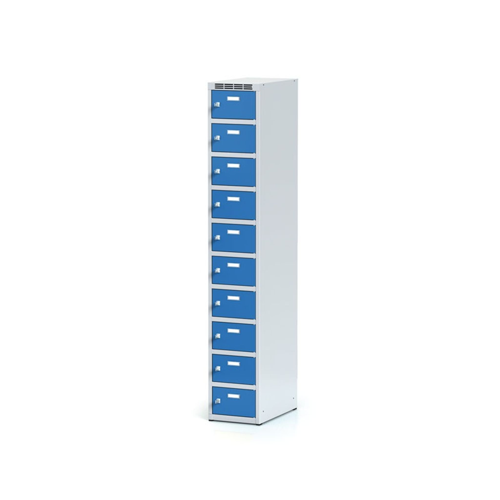 Metalowa szafka skrytkowa, 10 schowków, 1800 x 300 x 500 mm, zamek cylindryczny, drzwi niebieskie