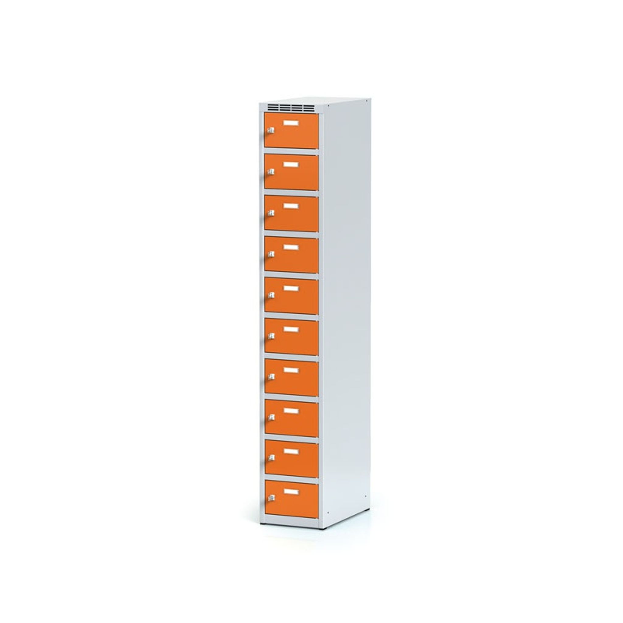 Metalowa szafka skrytkowa, 10 schowków, 1800 x 300 x 500 mm, zamek cylindryczny, drzwi pomarańczowe