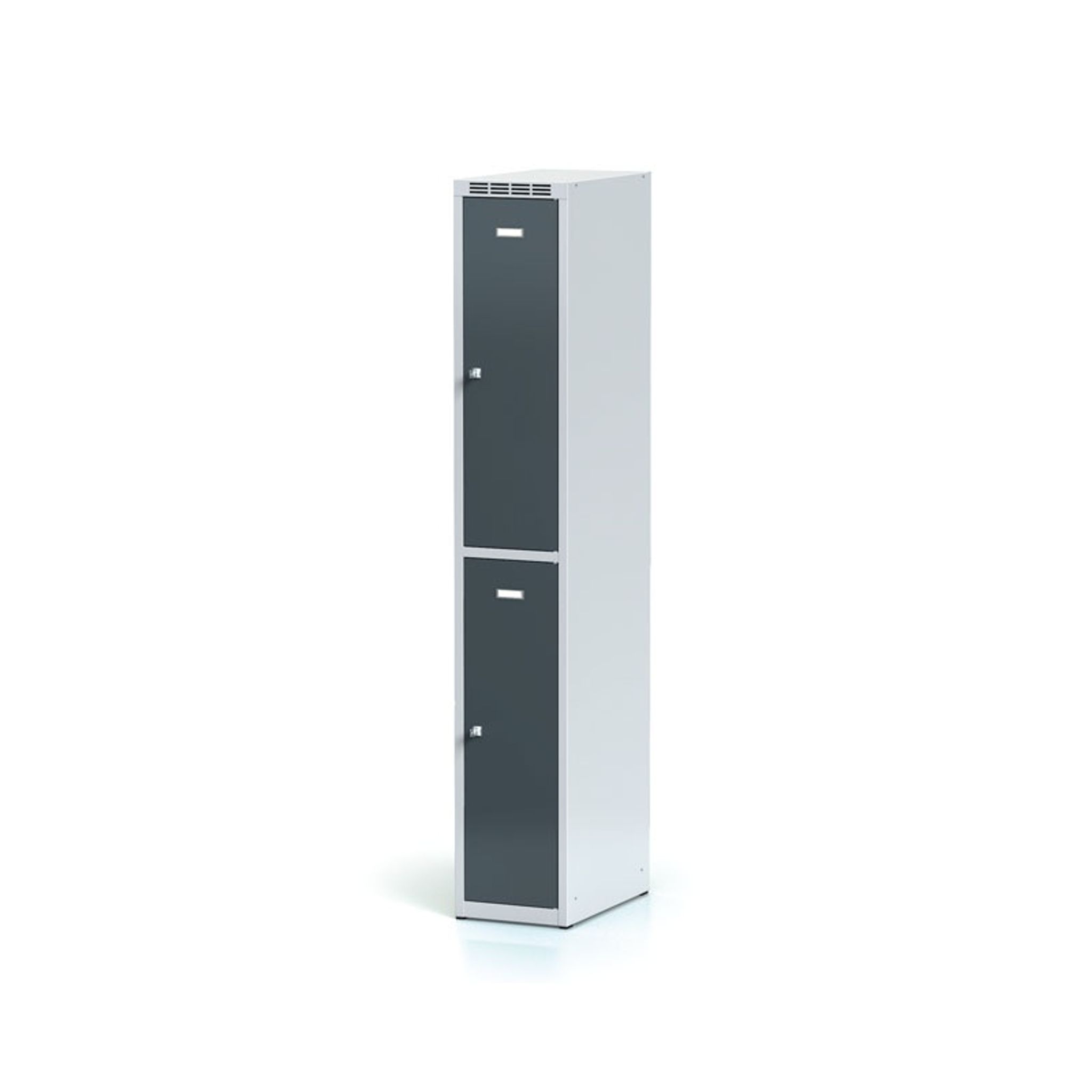 Metalowa szafka skrytkowa, 2 schowki, 1800 x 300 x 500 mm, zamek obrotowy, drzwi ciemnoszare