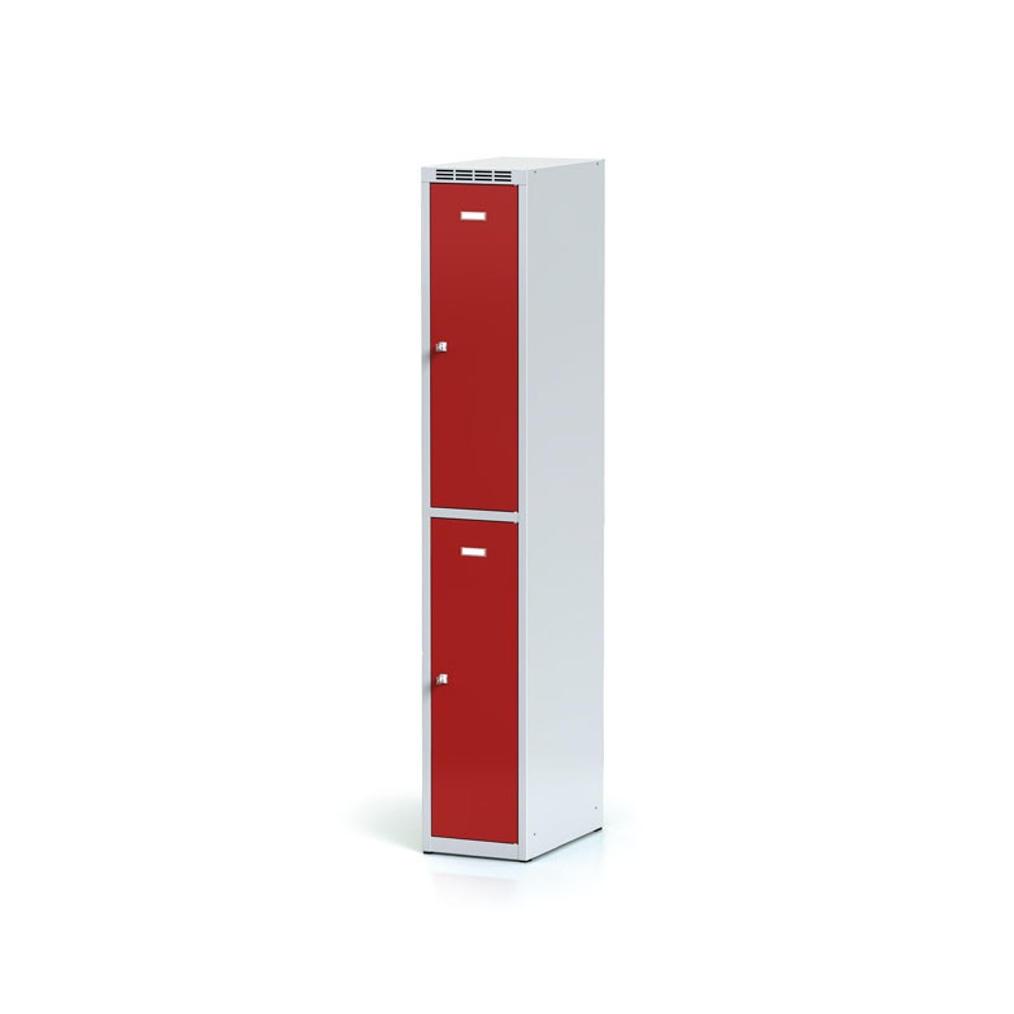 Metalowa szafka skrytkowa, 2 schowki, 1800 x 300 x 500 mm, zamek obrotowy, drzwi czerwone