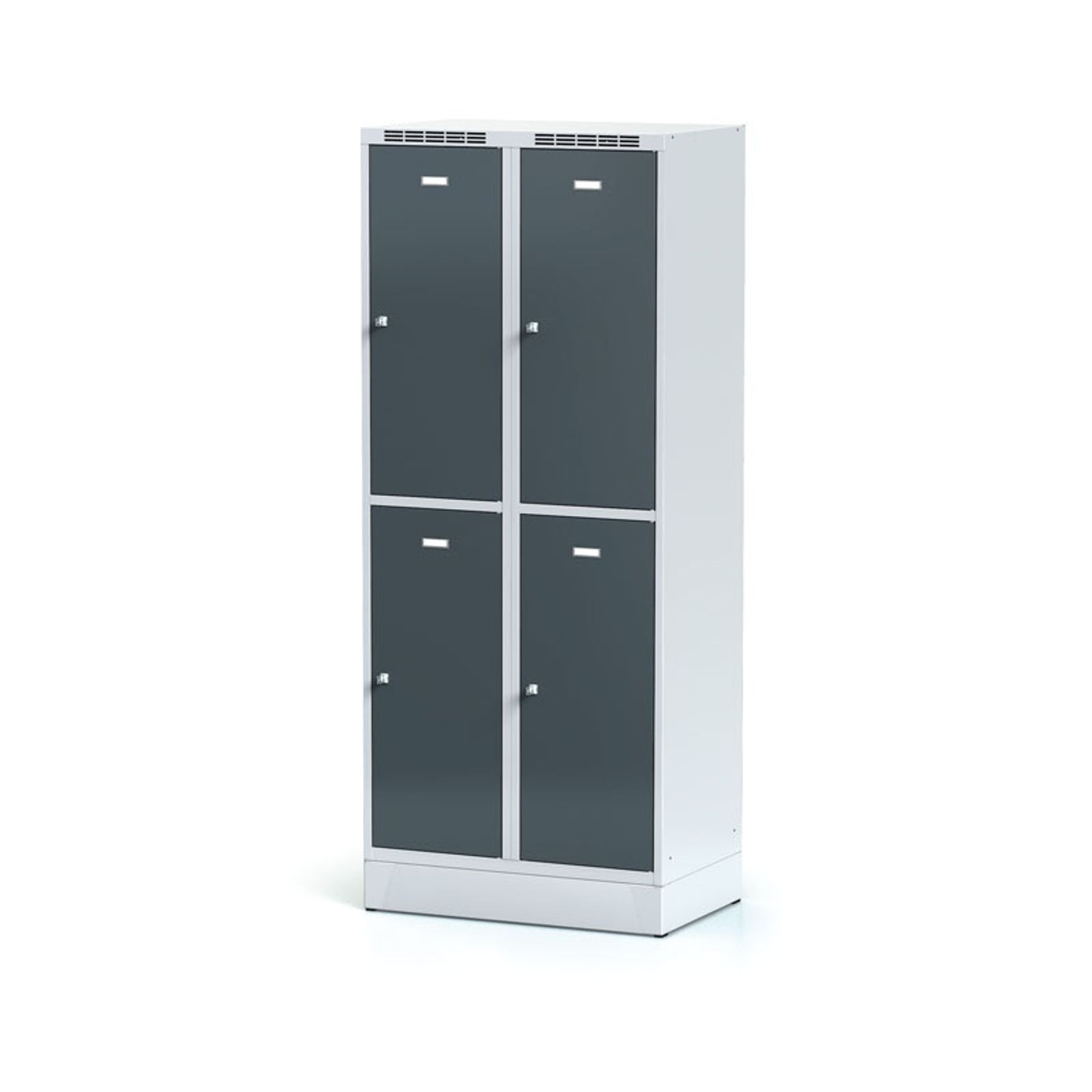 Metalowa szafka skrytkowa na cokole, 4 schowki, 1920 x 600 x 500 mm, zamek cylindryczny, drzwi ciemnoszare