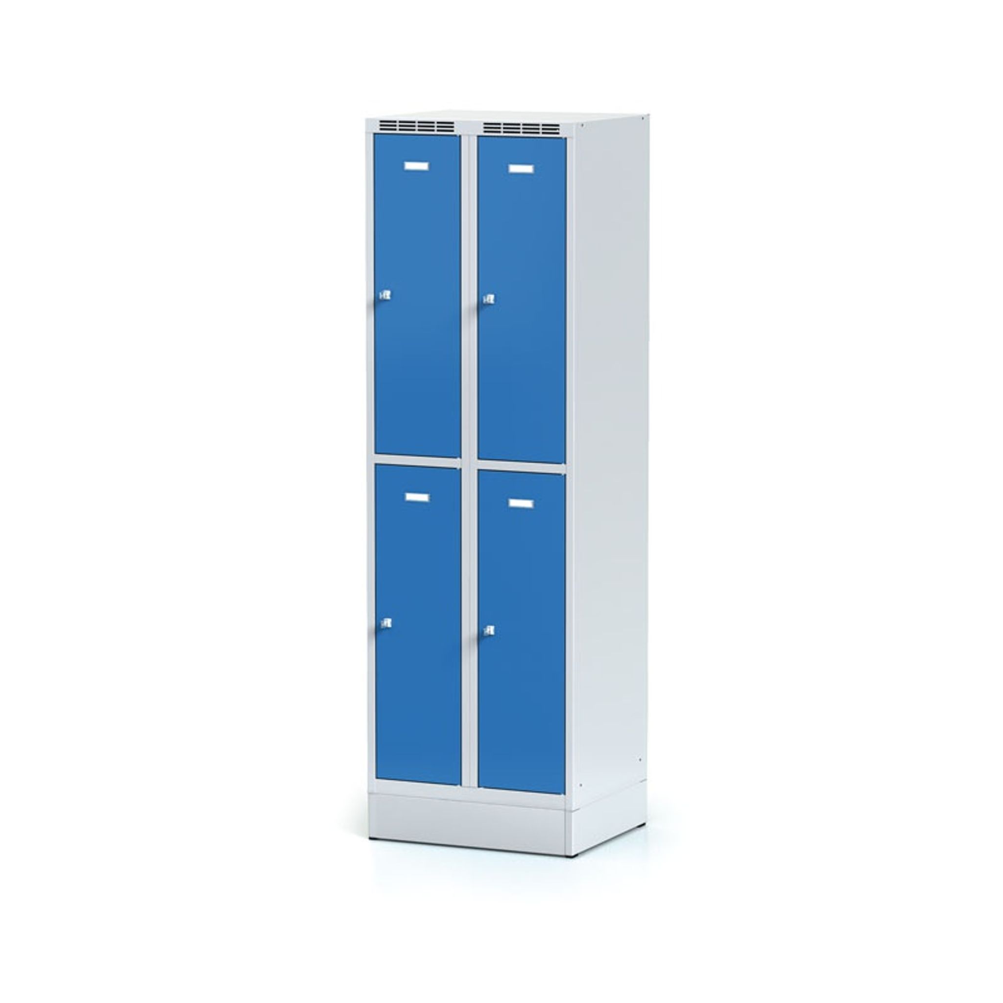 Metalowa szafka skrytkowa na cokole, 4 schowki, 1920 x 600 x 500 mm, zamek cylindryczny, drzwi niebieskie