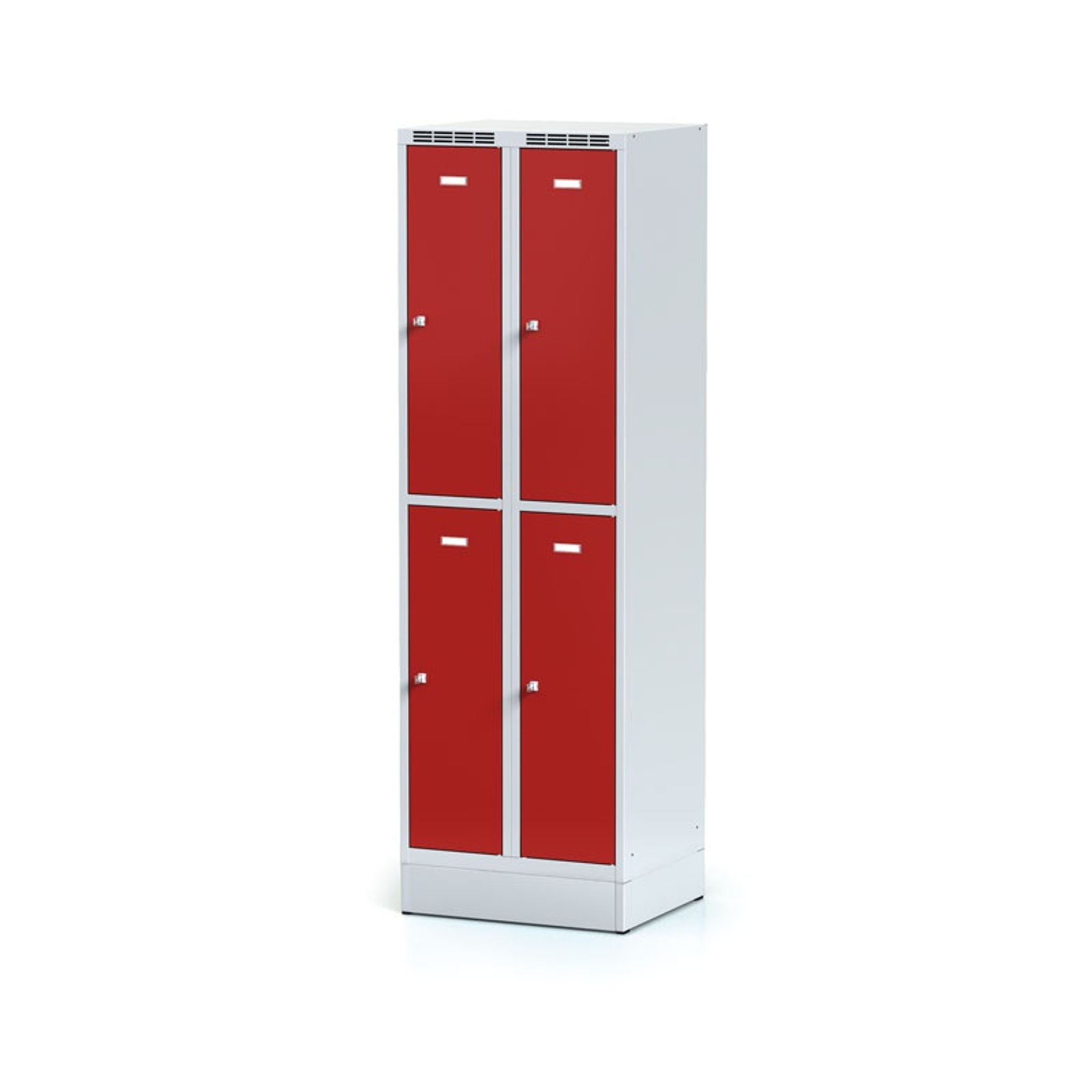 Metalowa szafka skrytkowa na cokole, 4 schowki, 1920 x 600 x 500 mm, zamek obrotowy, drzwi czerwone