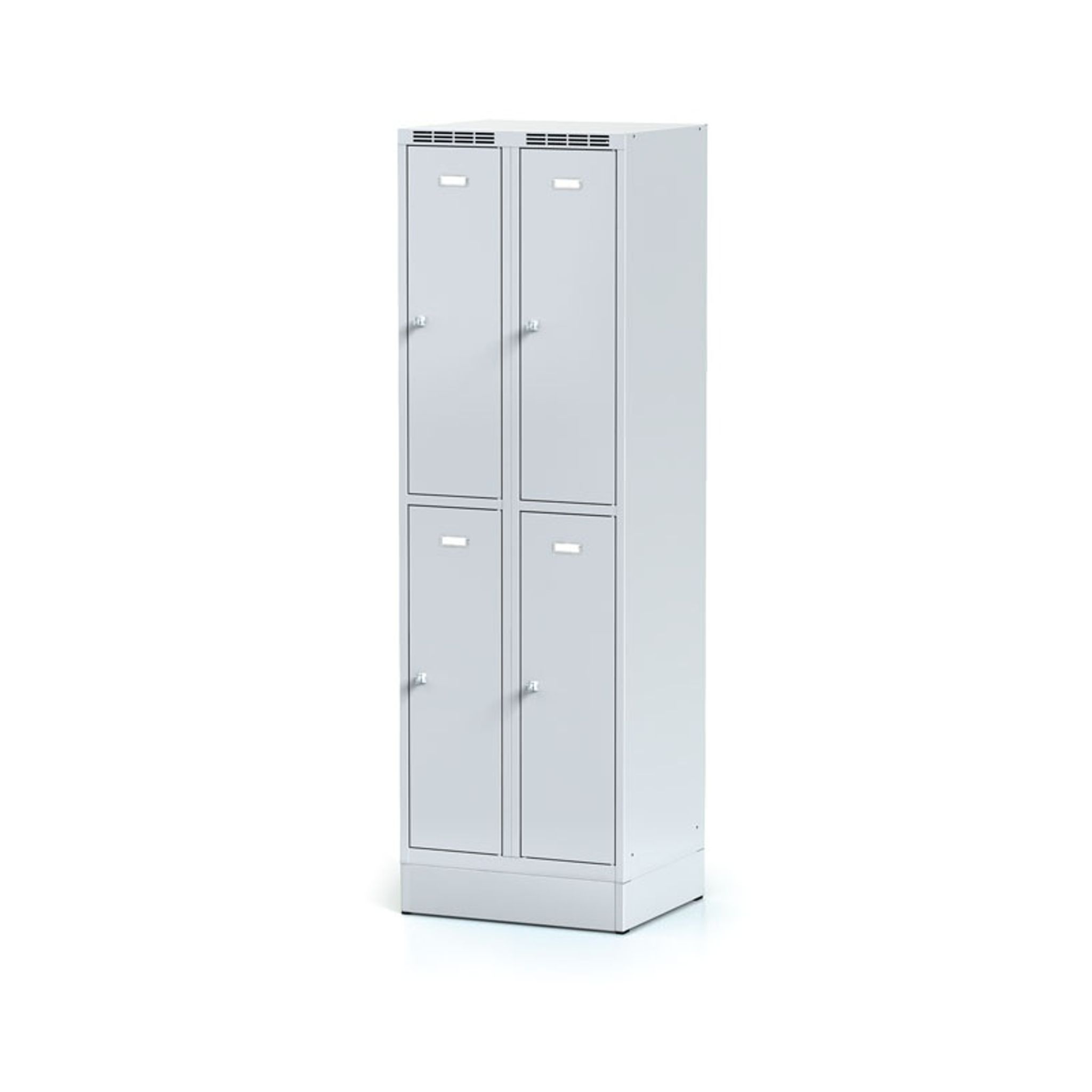 Metalowa szafka skrytkowa na cokole, 4 schowki, 1920 x 600 x 500 mm, zamek obrotowy, drzwi szare