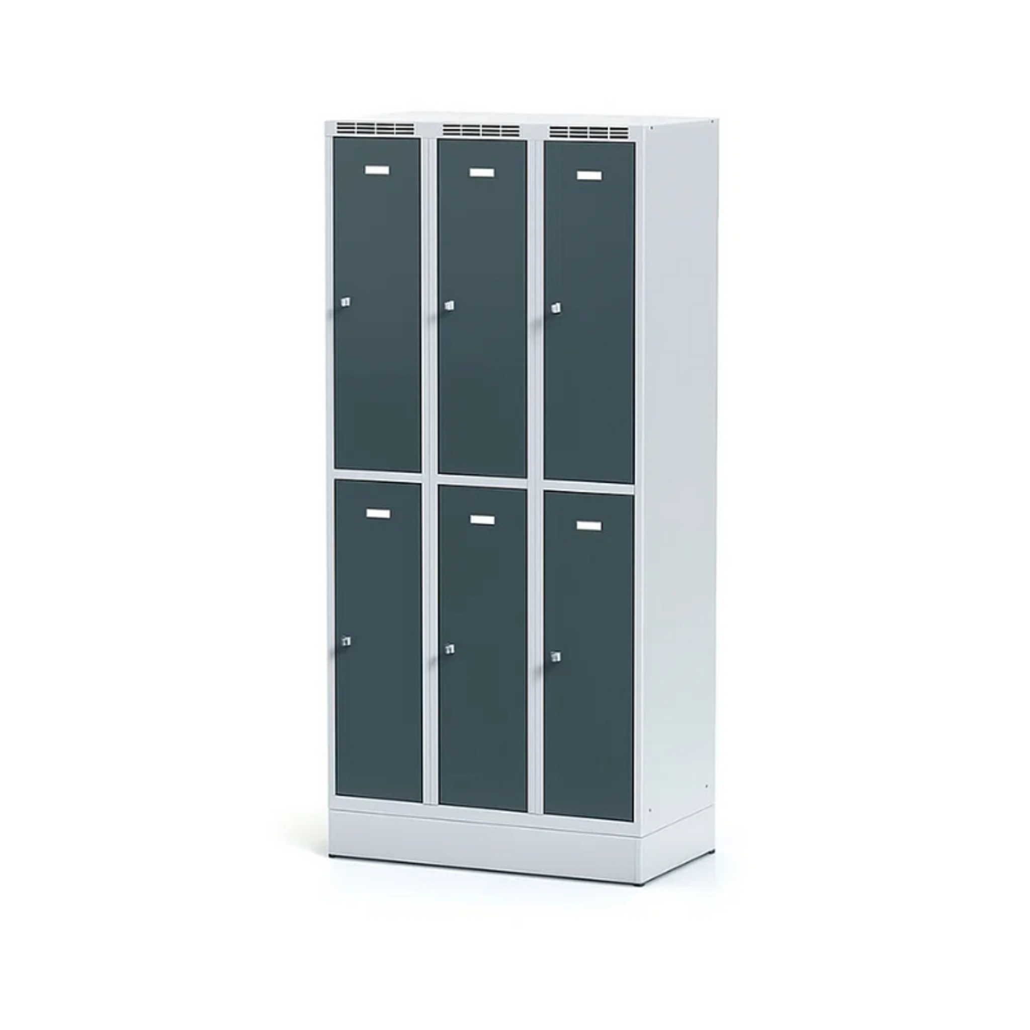 Metalowa szafka skrytkowa na cokole, 6 schowków, 1920 x 900 x 500 mm, zamek cylindryczny, drzwi ciemnoszare