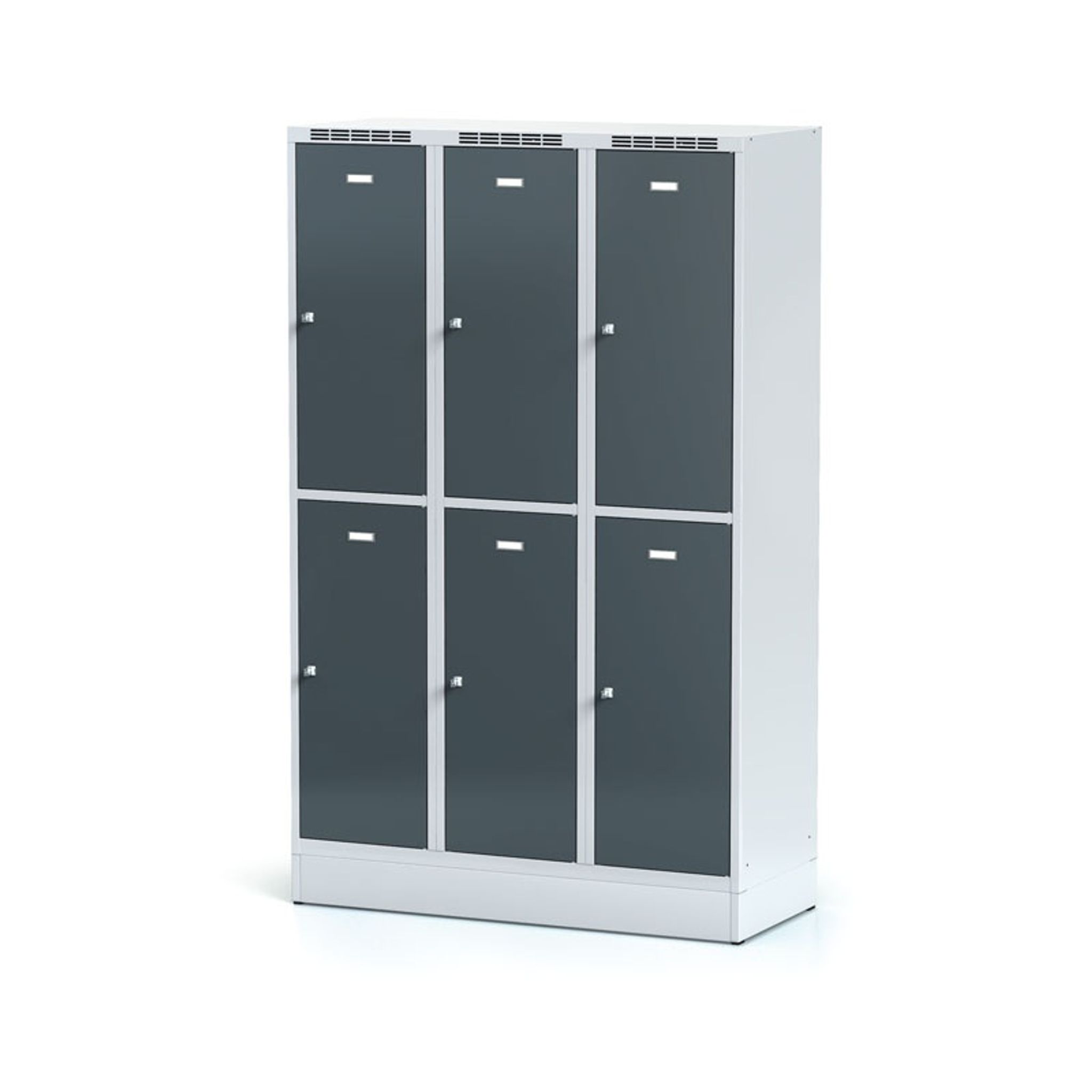 Metalowa szafka skrytkowa na cokole, 6 schowków, 1920 x 900 x 500 mm, zamek cylindryczny, drzwi ciemnoszare
