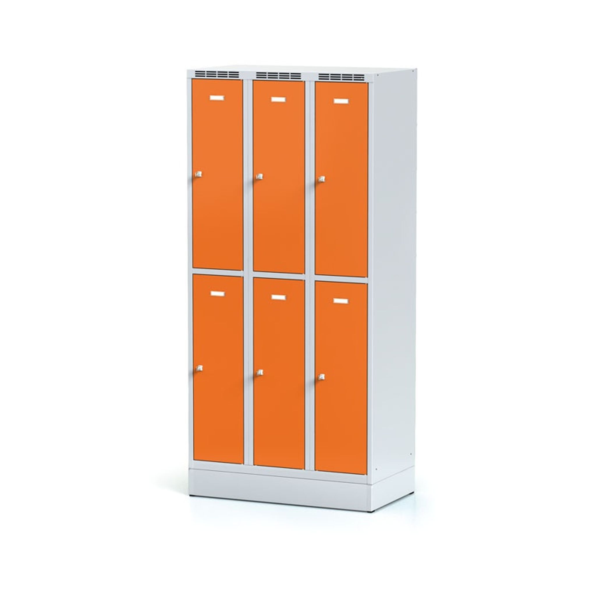 Metalowa szafka skrytkowa na cokole, 6 schowków, 1920 x 900 x 500 mm, zamek cylindryczny, drzwi pomarańczowe