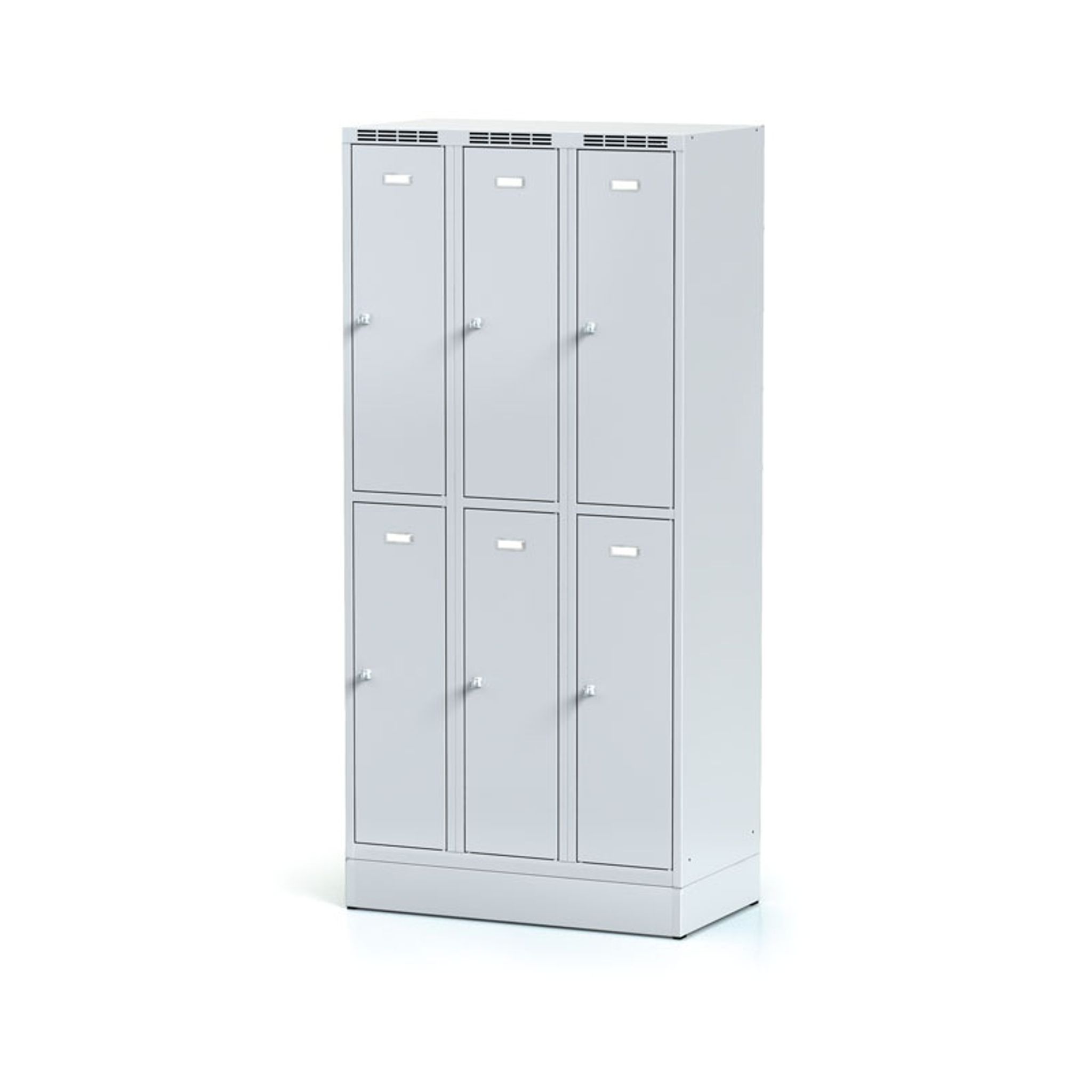 Metalowa szafka skrytkowa na cokole, 6 schowków, 1920 x 900 x 500 mm, zamek cylindryczny, drzwi szare