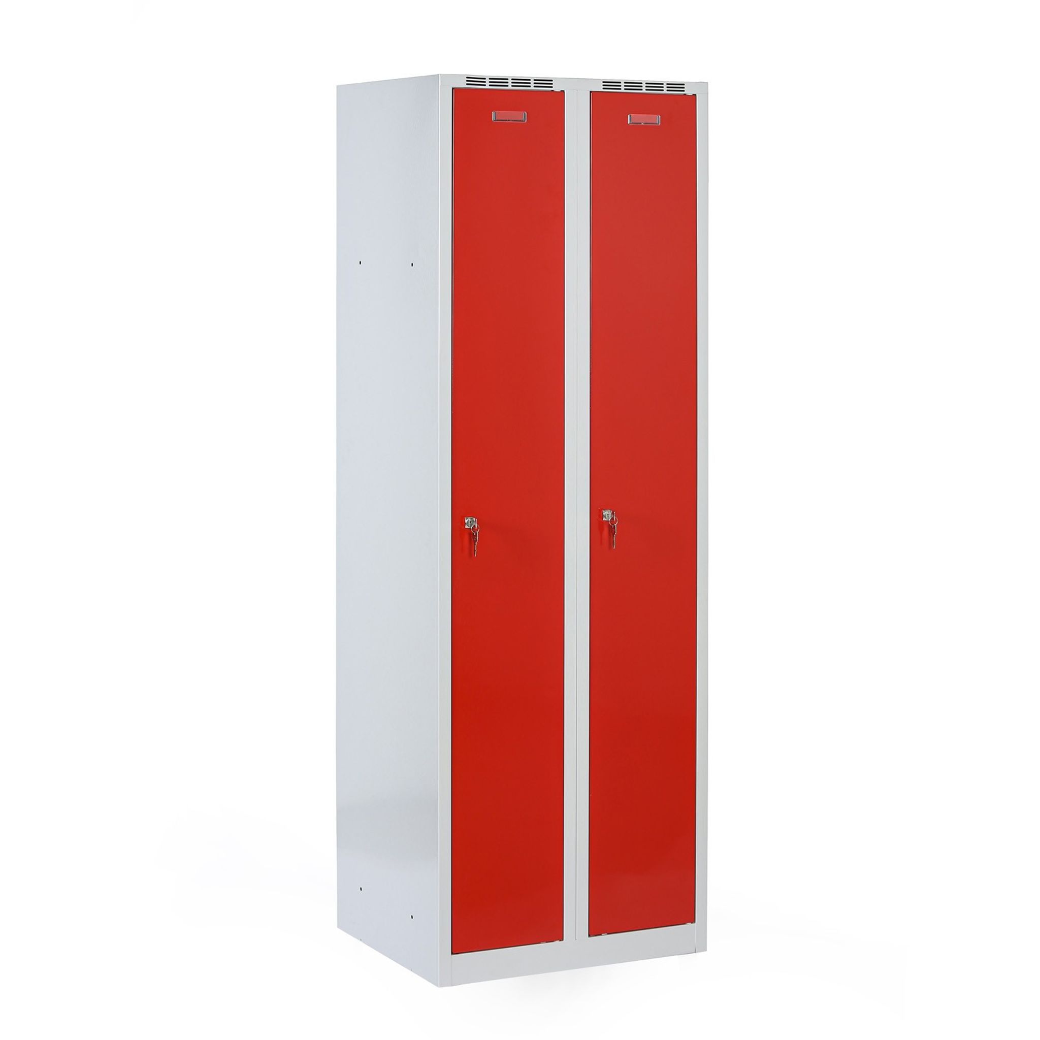 Metalowa szafka ubraniowa na cokole, 2-drzwiowa, 1800 x 600 x 500 mm, zamek cylindryczny, drzwi czerwone