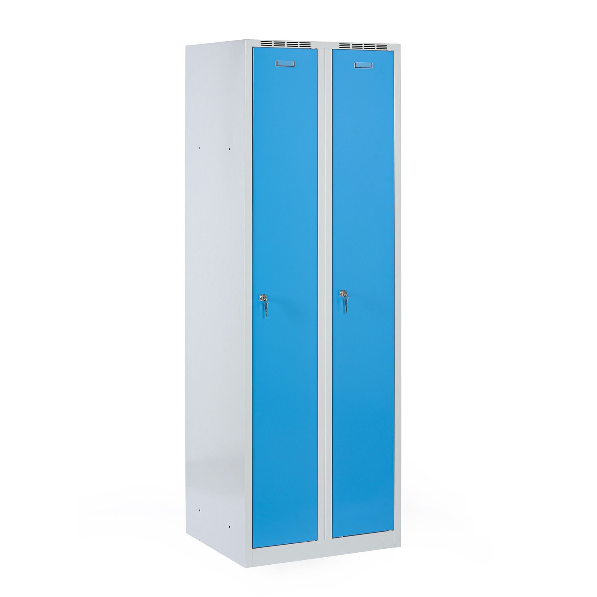 Metalowa szafka ubraniowa na cokole, 2-drzwiowa, 1800 x 600 x 500 mm, zamek cylindryczny, drzwi niebieske