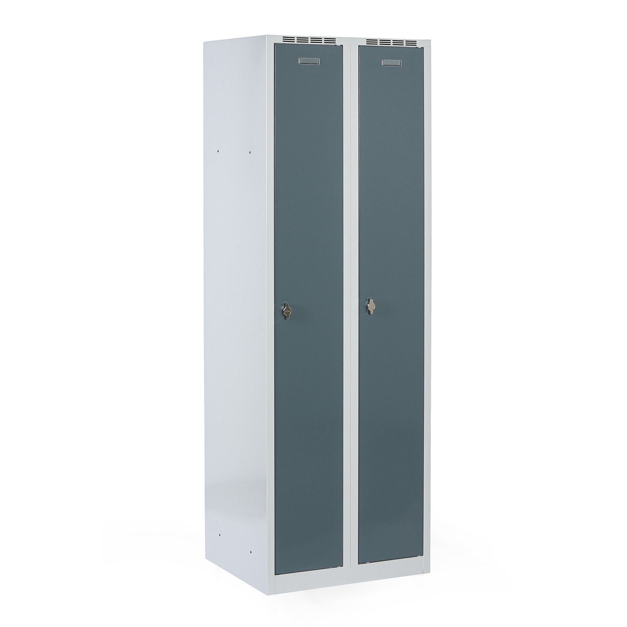Metalowa szafka ubraniowa na cokole, 2-drzwiowa, 1800 x 600 x 500 mm, zamek obrotowy, drzwi ciemnoszare