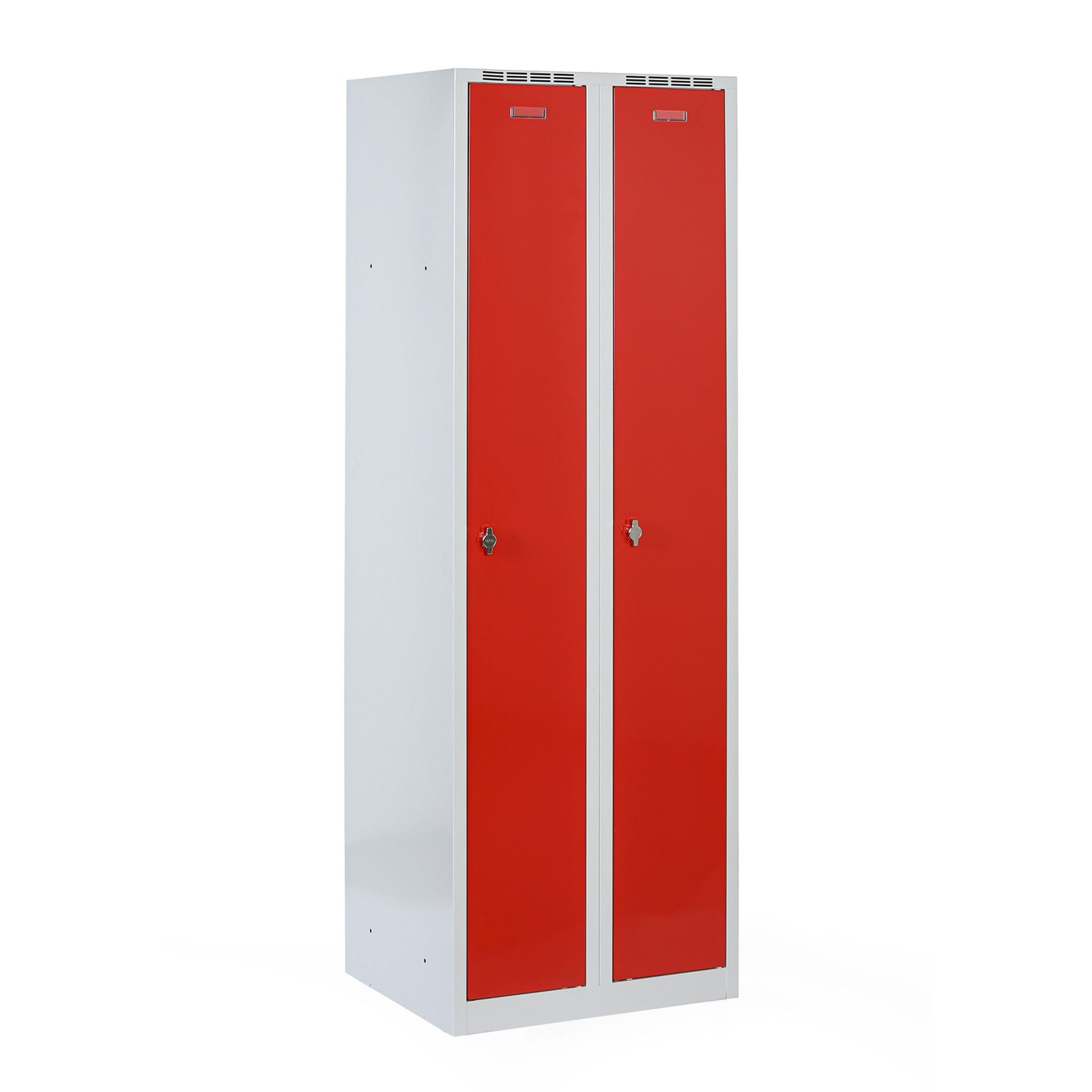 Metalowa szafka ubraniowa na cokole, 2-drzwiowa, 1800 x 600 x 500 mm, zamek obrotowy, drzwi czerwone
