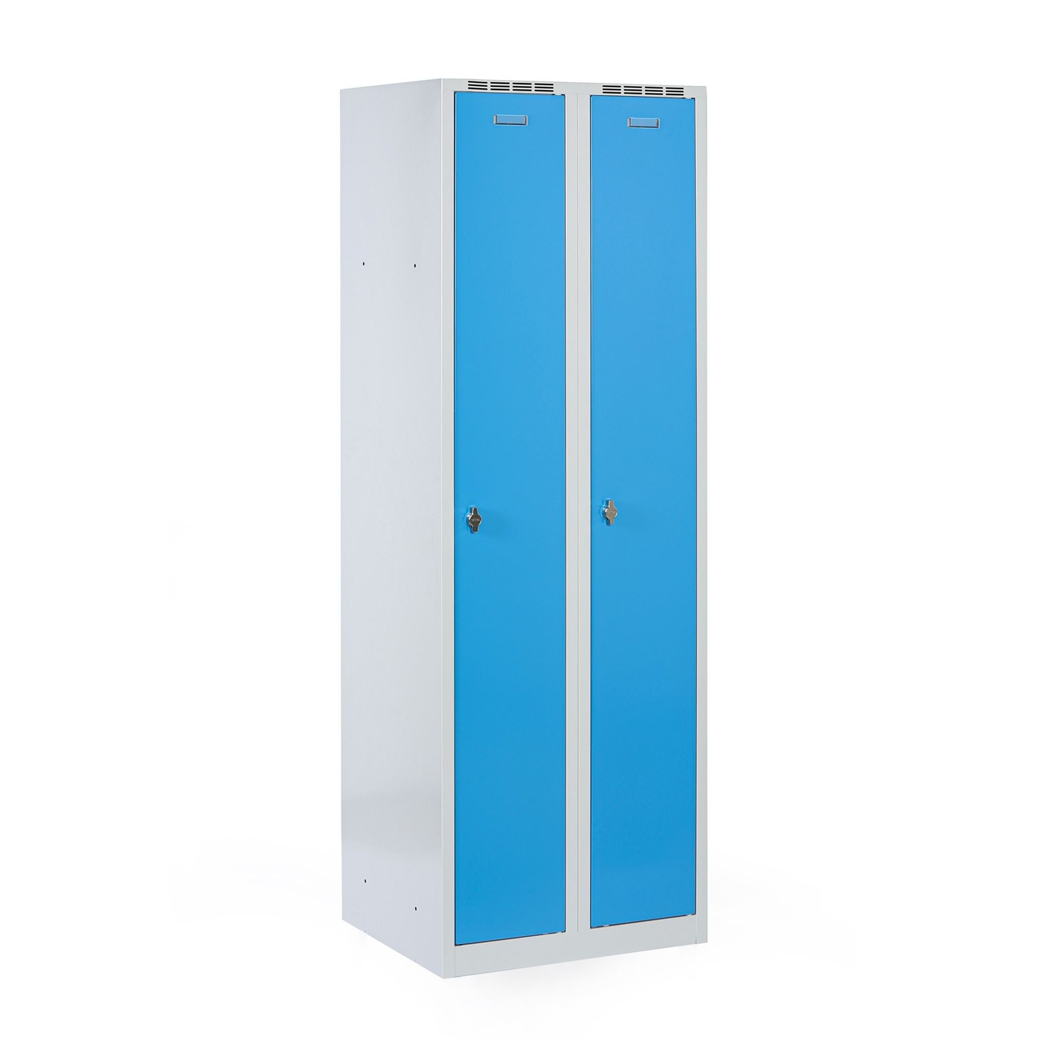 Metalowa szafka ubraniowa na cokole, 2-drzwiowa, 1800 x 600 x 500 mm, zamek obrotowy, drzwi niebieske
