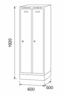 Metalowa szafka ubraniowa na cokole, 2-drzwiowa, 1920 x 600 x 500 mm, zamek obrotowy, szare dwupłaszczowe drzwi