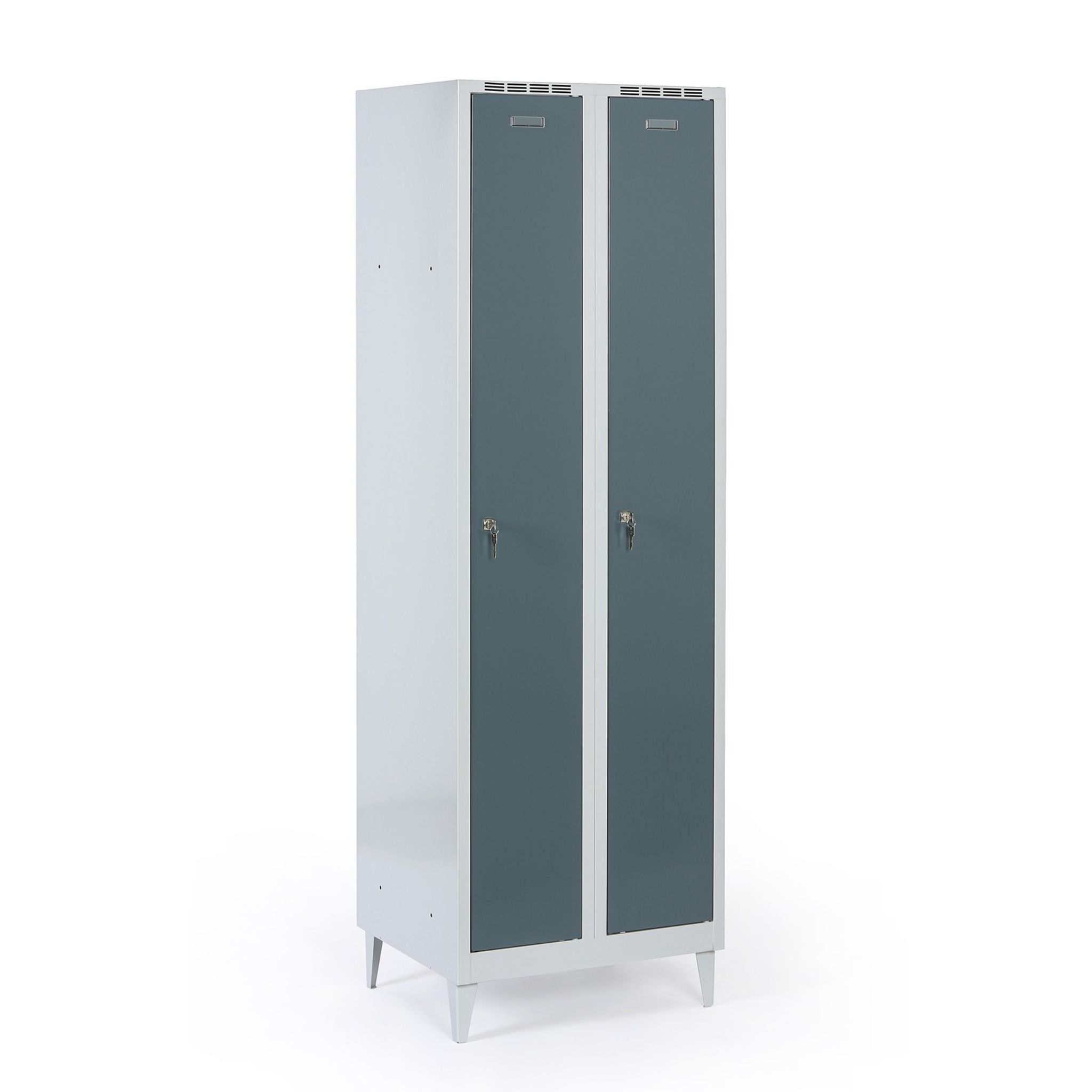Metalowa szafka ubraniowa na nogach, 2-drzwiowa, 1920 x 600 x 500 mm, zamek cylindryczny, drzwi ciemnoszare