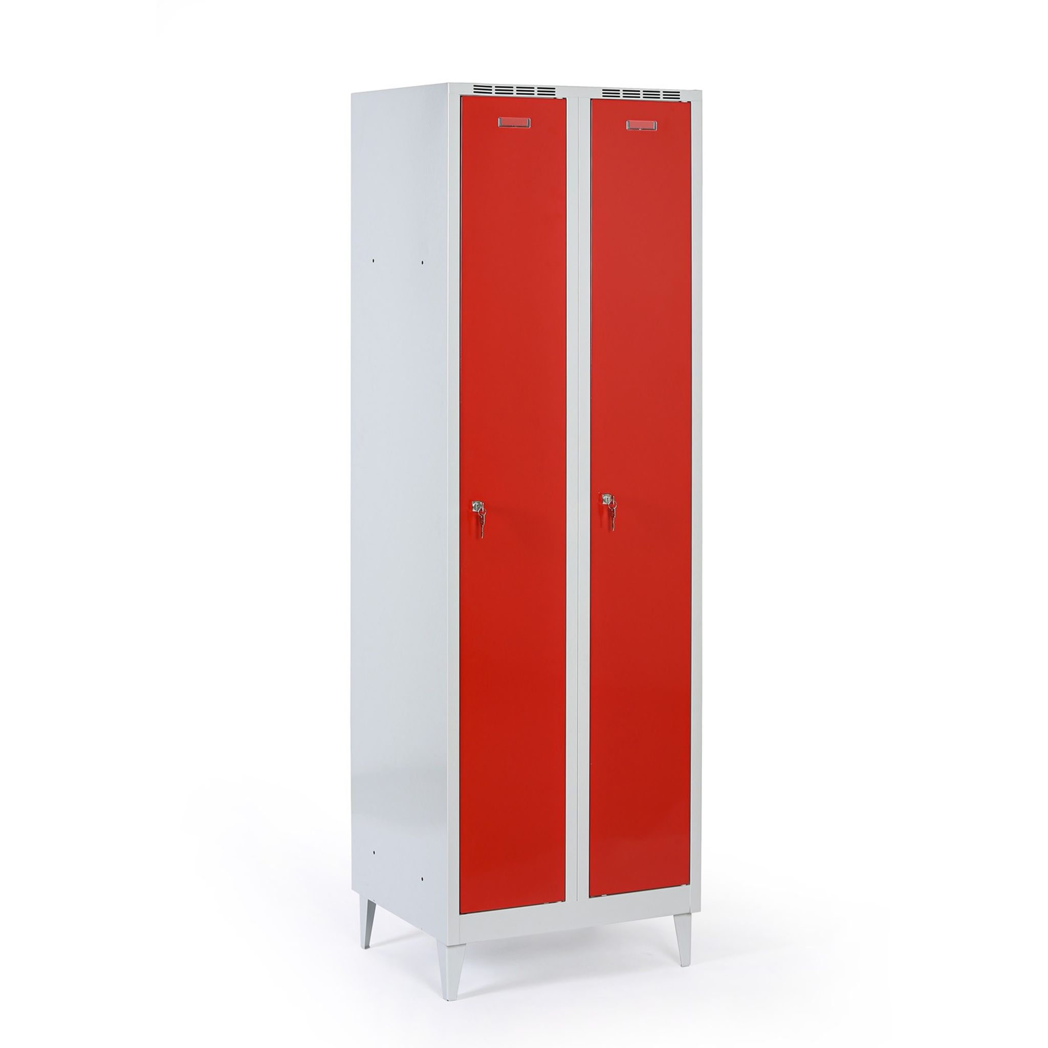 Metalowa szafka ubraniowa na nogach, 2-drzwiowa, 1920 x 600 x 500 mm, zamek cylindryczny, drzwi czerwone