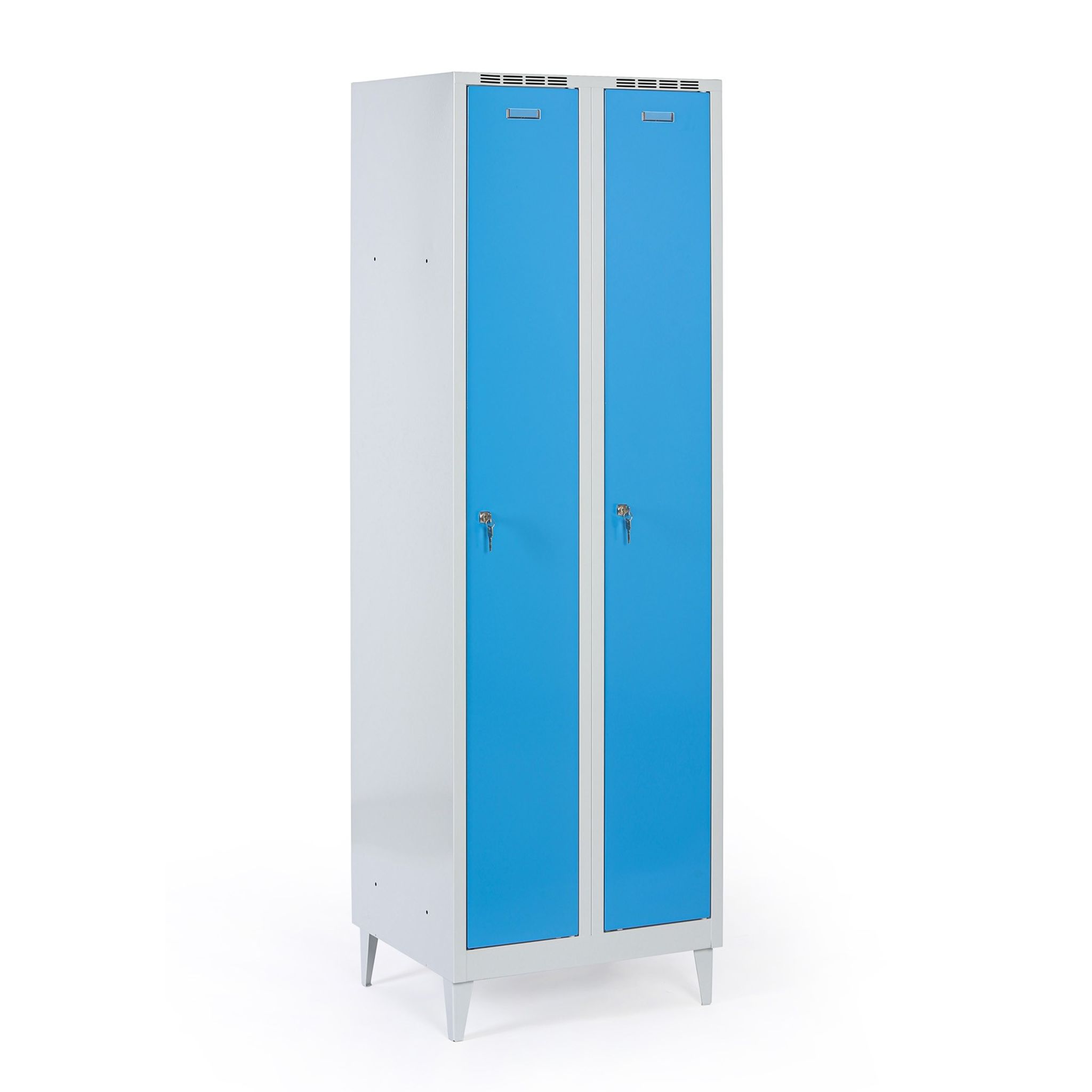 Metalowa szafka ubraniowa na nogach, 2-drzwiowa, 1920 x 600 x 500 mm, zamek cylindryczny, drzwi niebieske