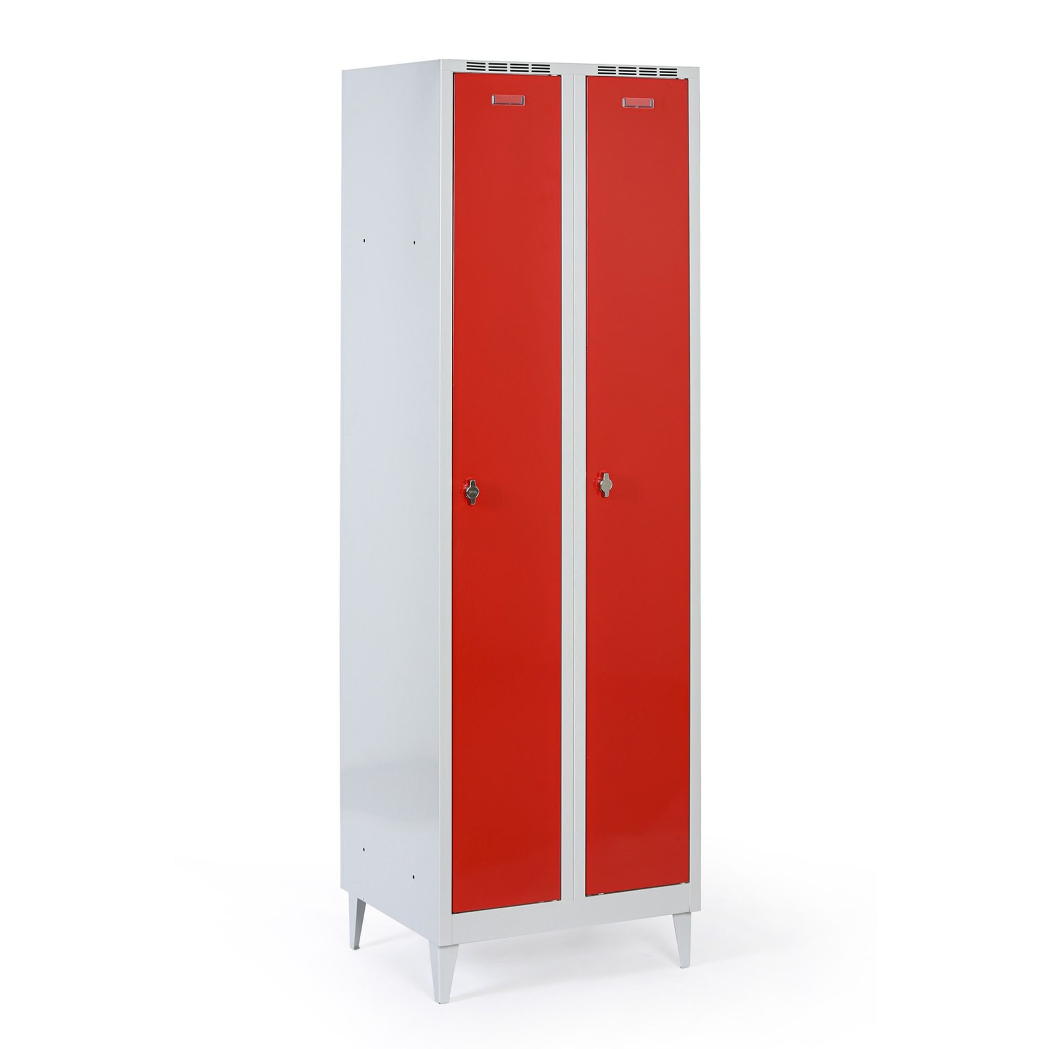 Metalowa szafka ubraniowa na nogach, 2-drzwiowa, 1920 x 600 x 500 mm, zamek obrotowy, drzwi czerwone